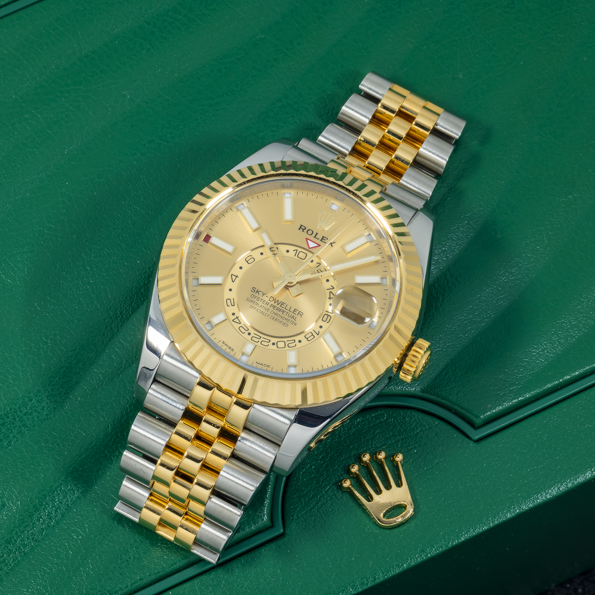 Rolex Sky-Dweller 42MM 336933 Champagne Dial Fluted Bezel Two Tone Yellow Gold Jubilee Bracelet