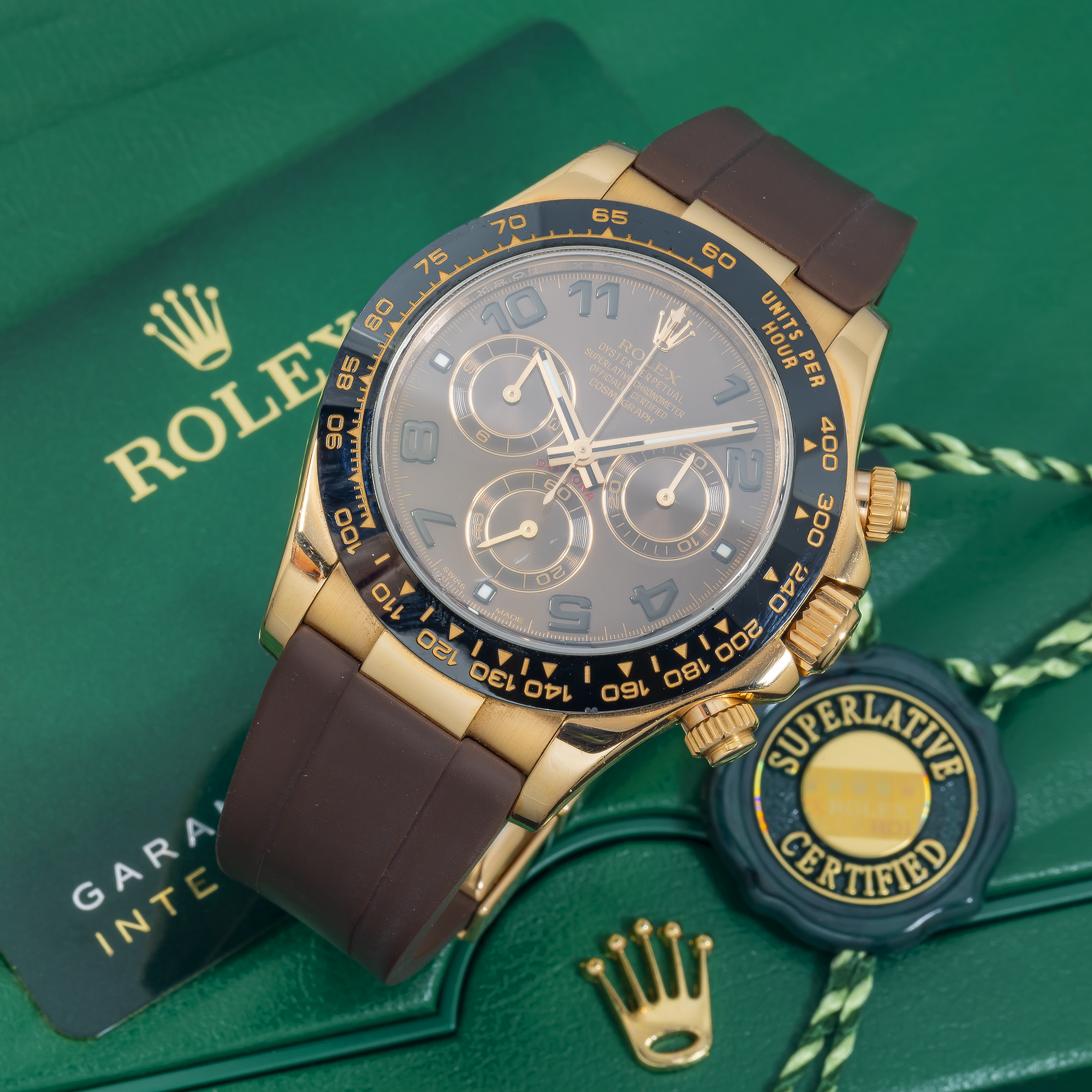 Rolex Cosmograph Daytona 40MM 116515LN Chocolate Arabic Dial Black Ceramic Tachymeter Bezel Brown Rubber Strap
