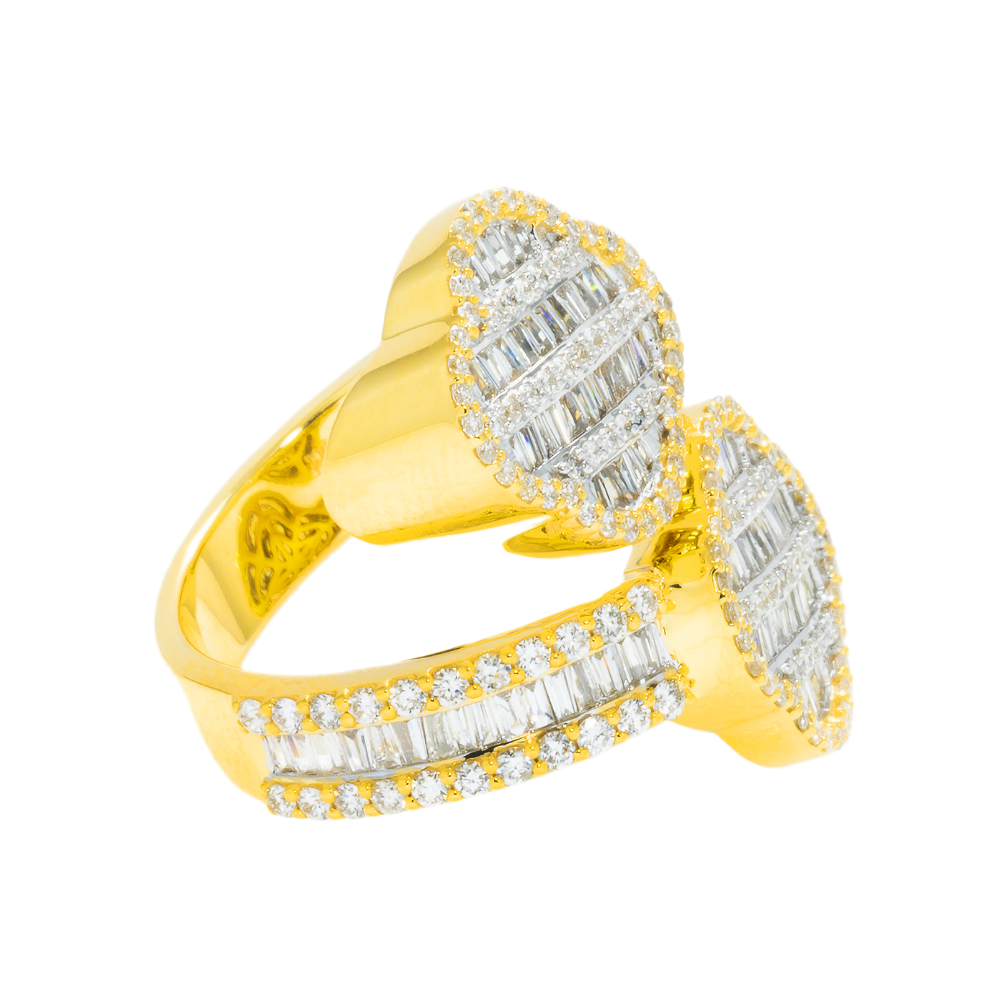 14K GOLD BAGUETTE AND ROUND DIAMOND DOUBLE CLOVER BYPASS RING 1.79 CT