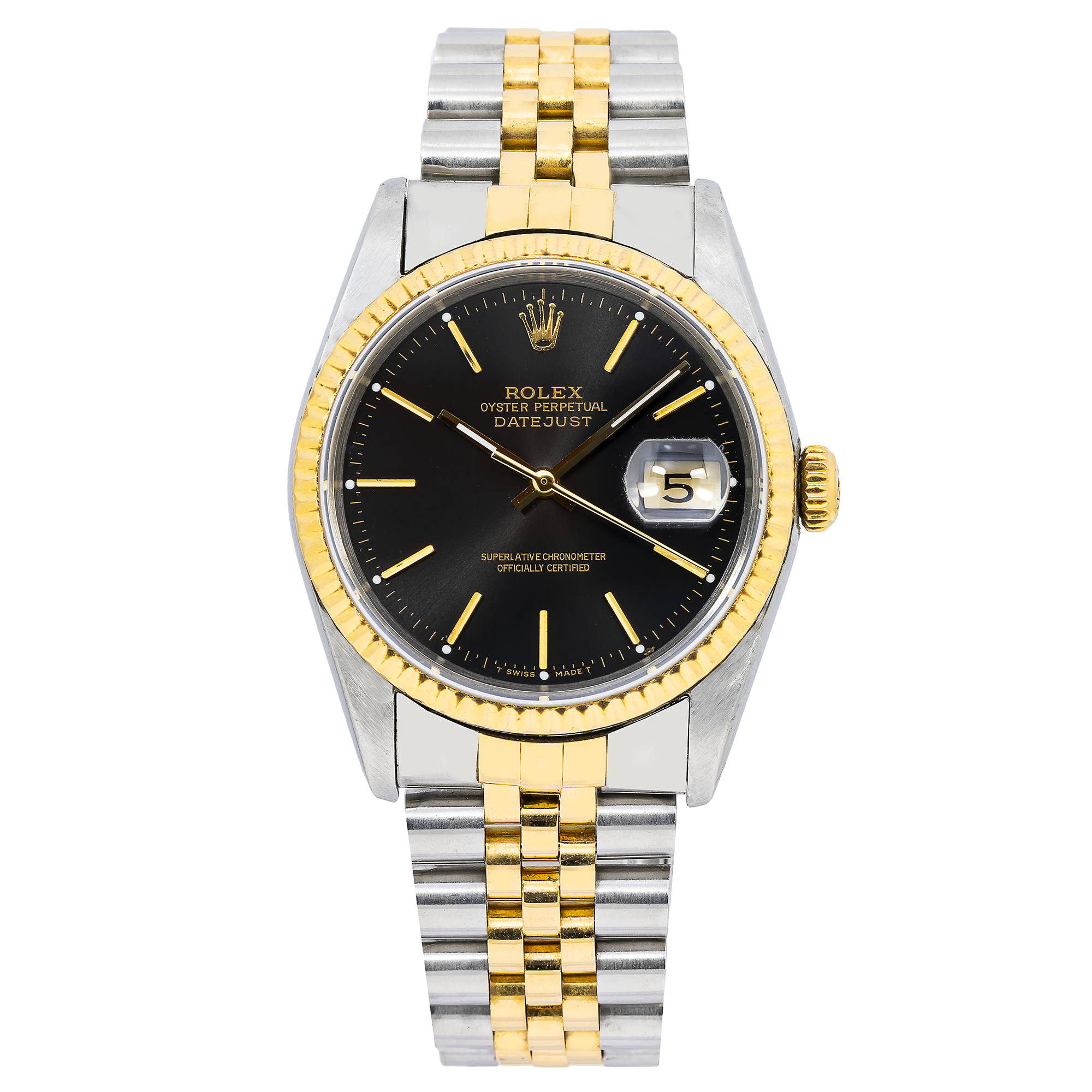 Rolex Datejust 36MM 16013 Black Dial Fluted Bezel Two Tone Yellow Gold Jubilee Bracelet