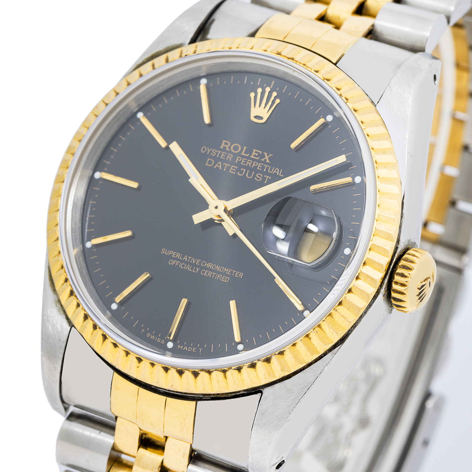Rolex Datejust 36MM 16233 Black Dial Fluted Bezel Two Tone Yellow Gold Jubilee Bracelet