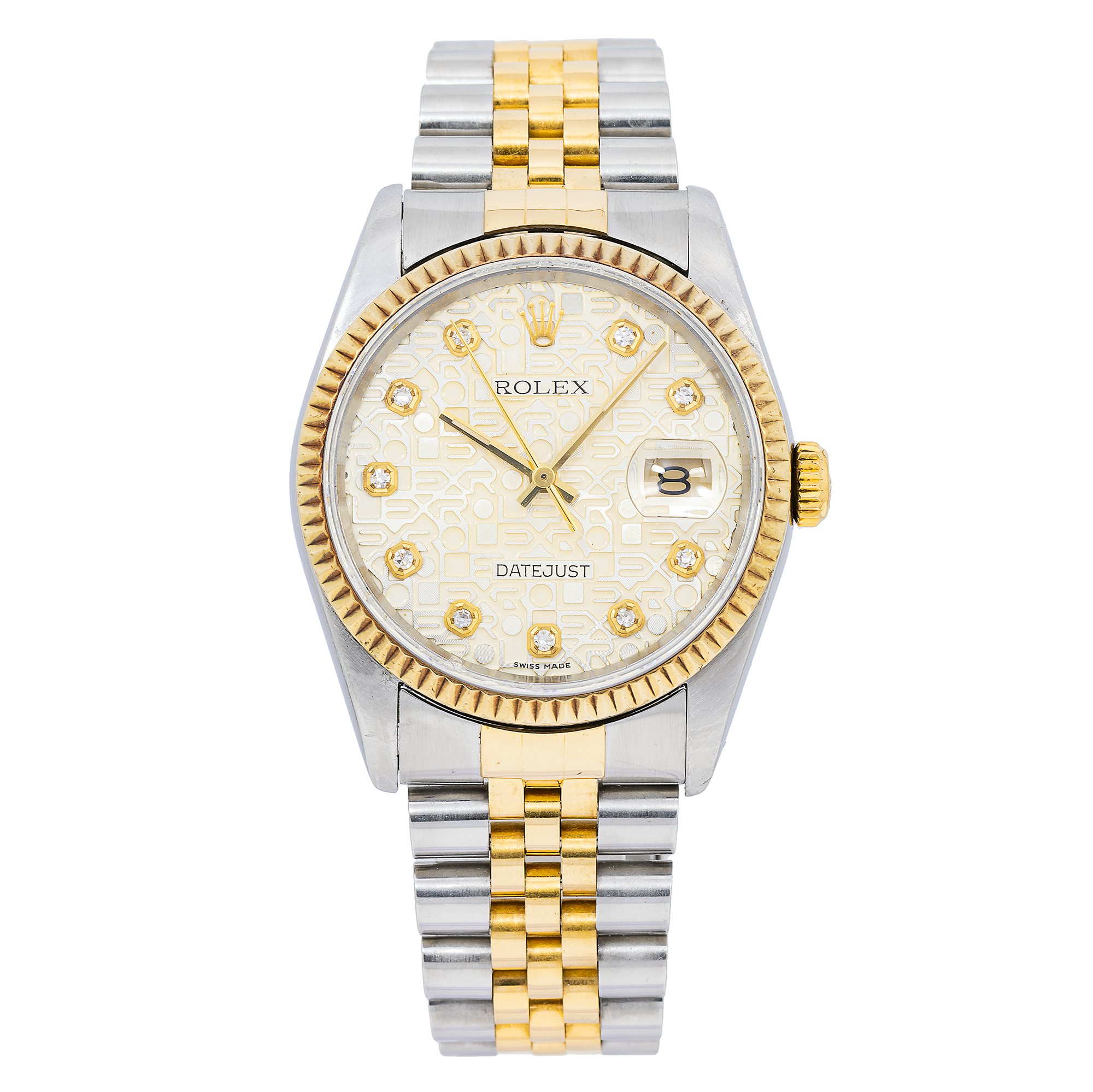 Rolex Datejust 36MM 16013 Silver Pattern Diamond Dial Yellow Gold Fluted Bezel Two Tone Jubilee Bracelet