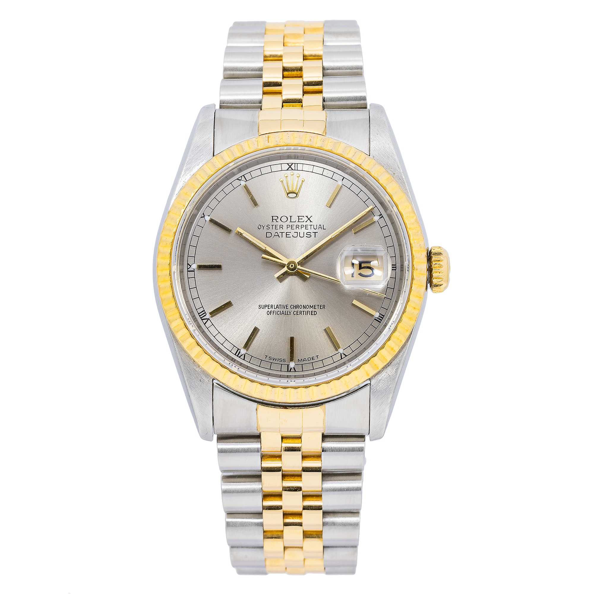 Rolex Datejust 36MM 16013 Silver Dial Fluted Bezel Two Tone Yellow Gold Jubilee Bracelet