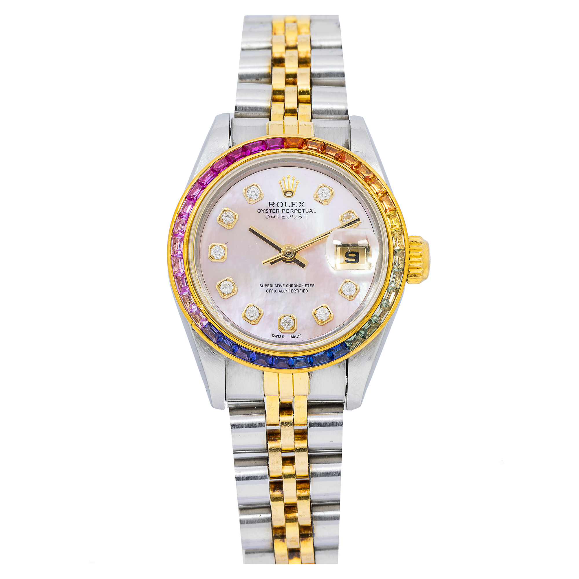 Rolex Datejust 26MM 6917 Pink Mother of Pearl Diamond Dial Rainbow Gemstone Bezel Two Tone Yellow Gold Jubilee Bracelet 0.2ct