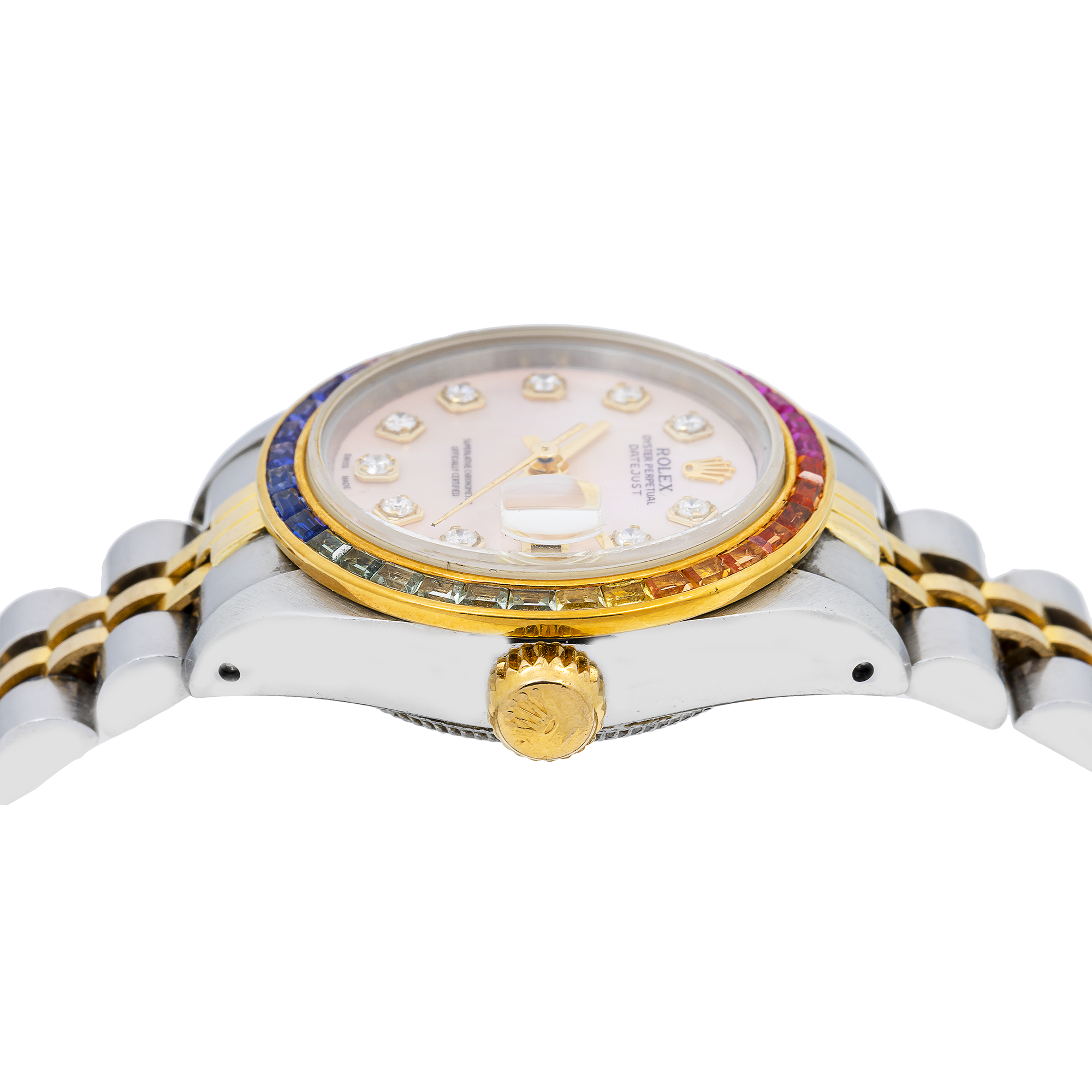 Rolex Datejust 26MM 6917 Pink Mother of Pearl Diamond Dial Rainbow Gemstone Bezel Two Tone Yellow Gold Jubilee Bracelet 0.2ct