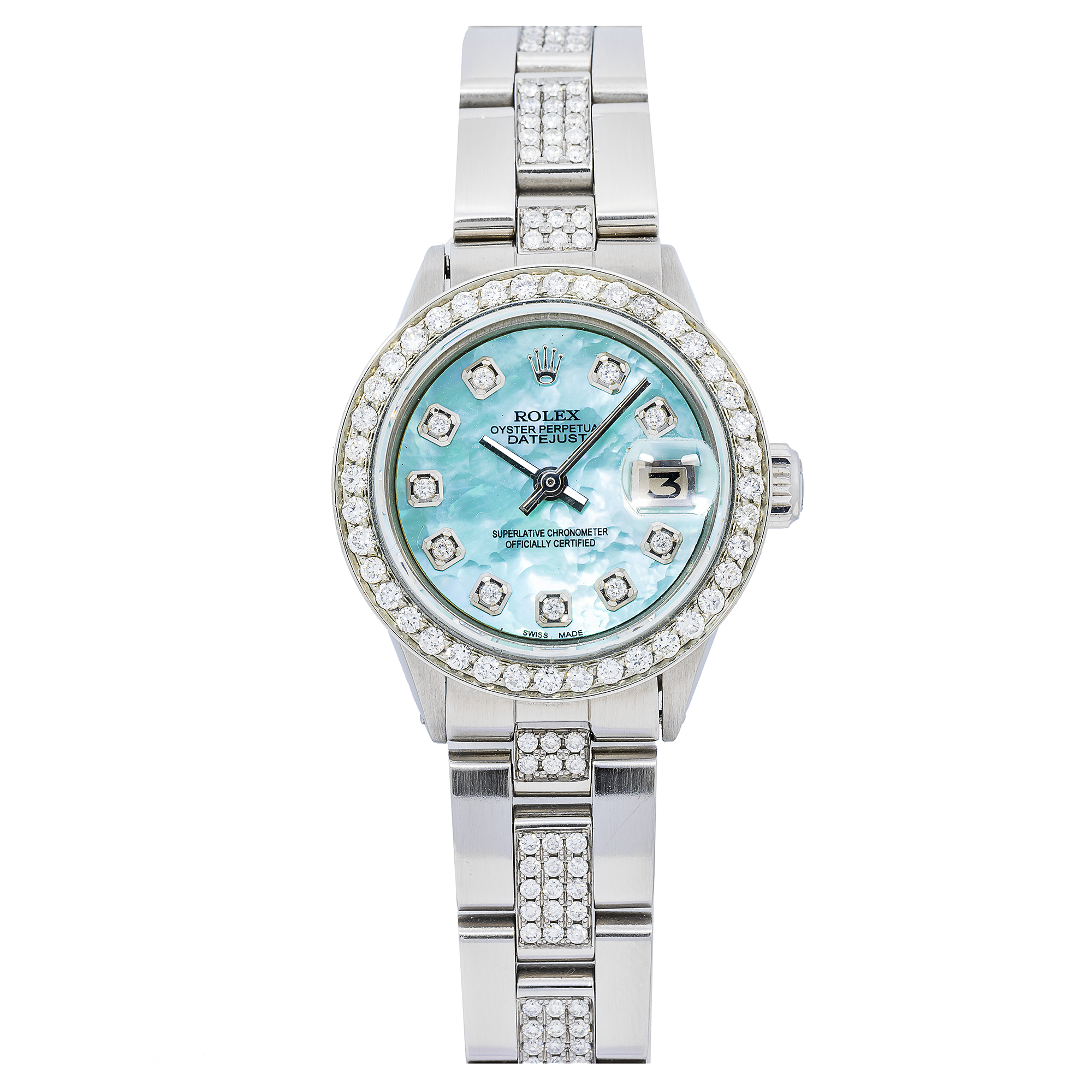 Rolex Datejust 26MM 69160 Blue Mother of Pearl Diamond Dial Diamond Bezel Stainless Steel Semi Diamond Oyster Bracelet