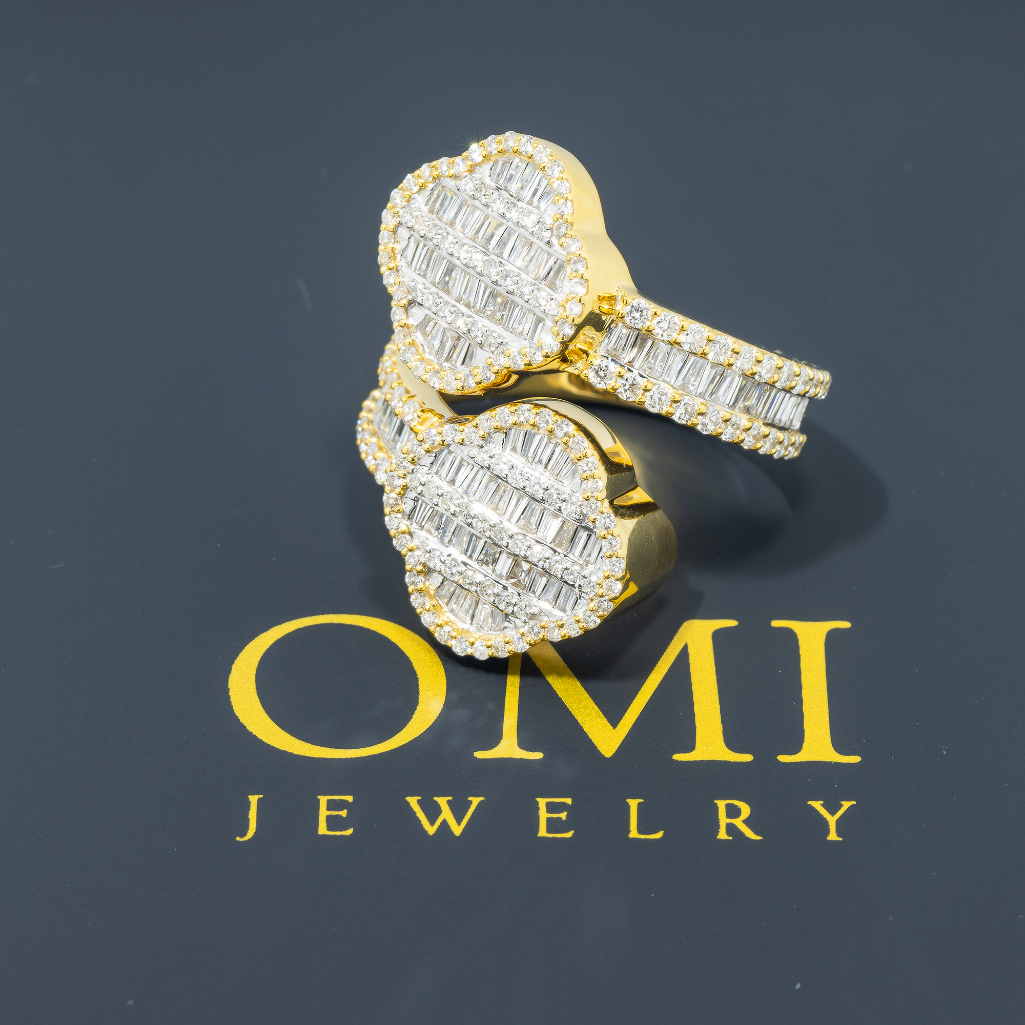 14K GOLD BAGUETTE AND ROUND DIAMOND DOUBLE CLOVER BYPASS RING 1.79 CT