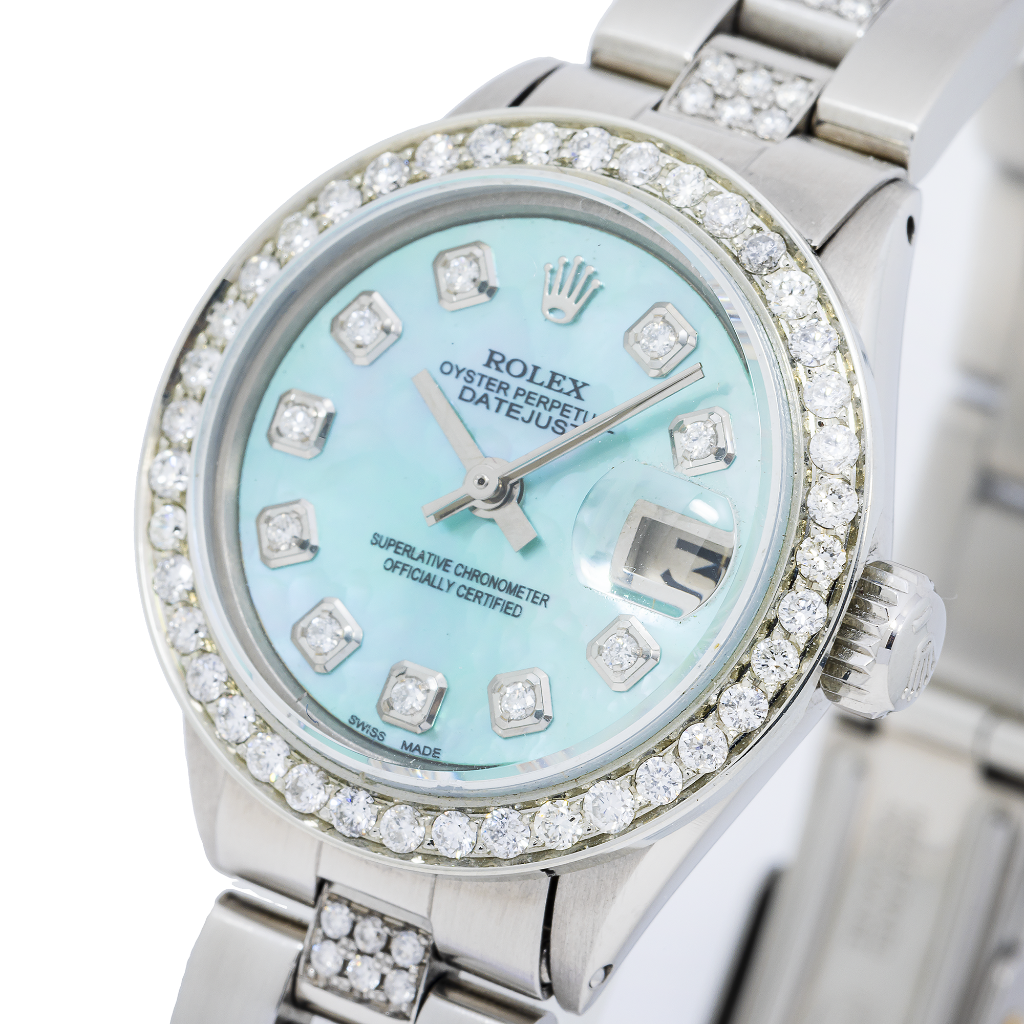 Rolex Datejust 26MM 69160 Blue Mother of Pearl Diamond Dial Diamond Bezel Stainless Steel Semi Diamond Oyster Bracelet