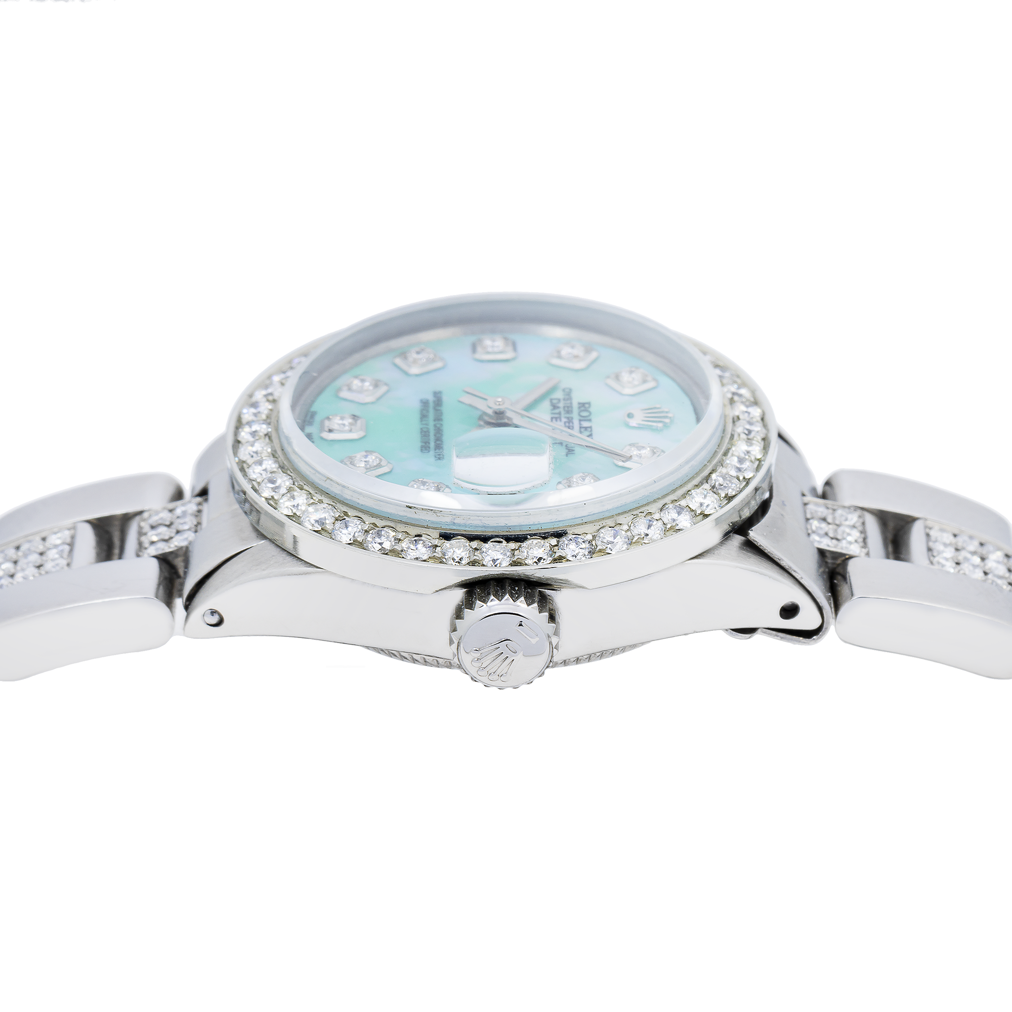 Rolex Datejust 26MM 69160 Blue Mother of Pearl Diamond Dial Diamond Bezel Stainless Steel Semi Diamond Oyster Bracelet