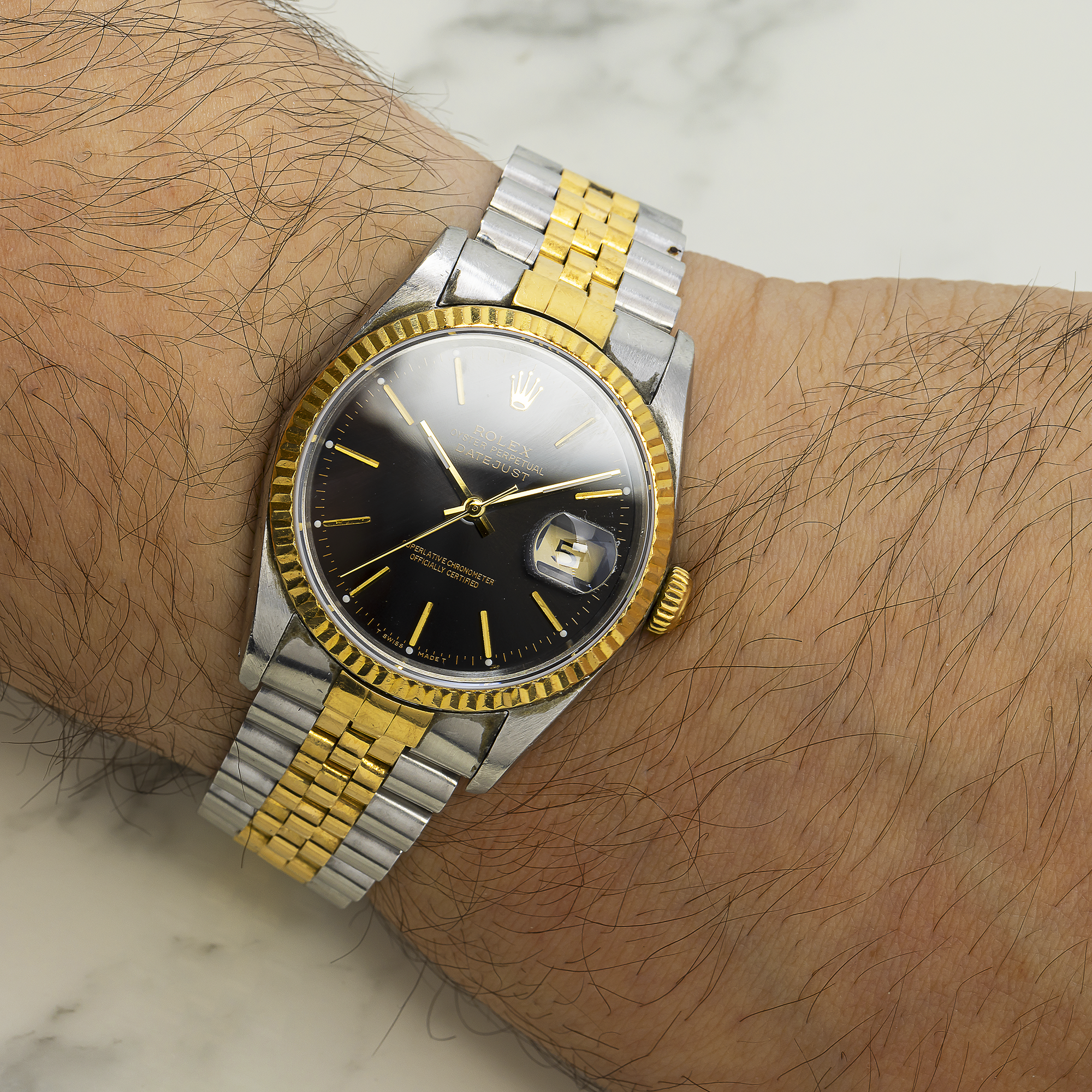 Rolex Datejust 36MM 16233 Black Dial Fluted Bezel Two Tone Yellow Gold Jubilee Bracelet