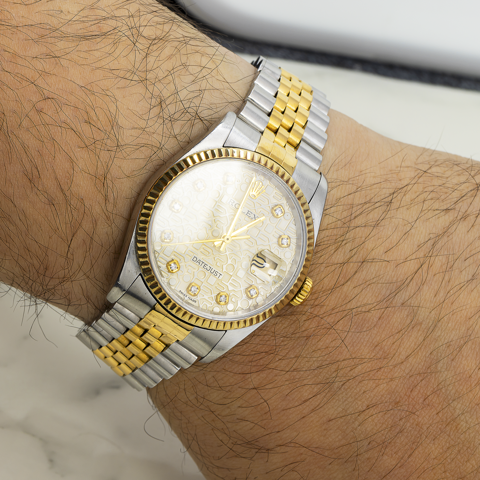Rolex Datejust 36MM 16013 Silver Pattern Diamond Dial Fluted Bezel Two Tone Yellow Gold Jubilee Bracelet
