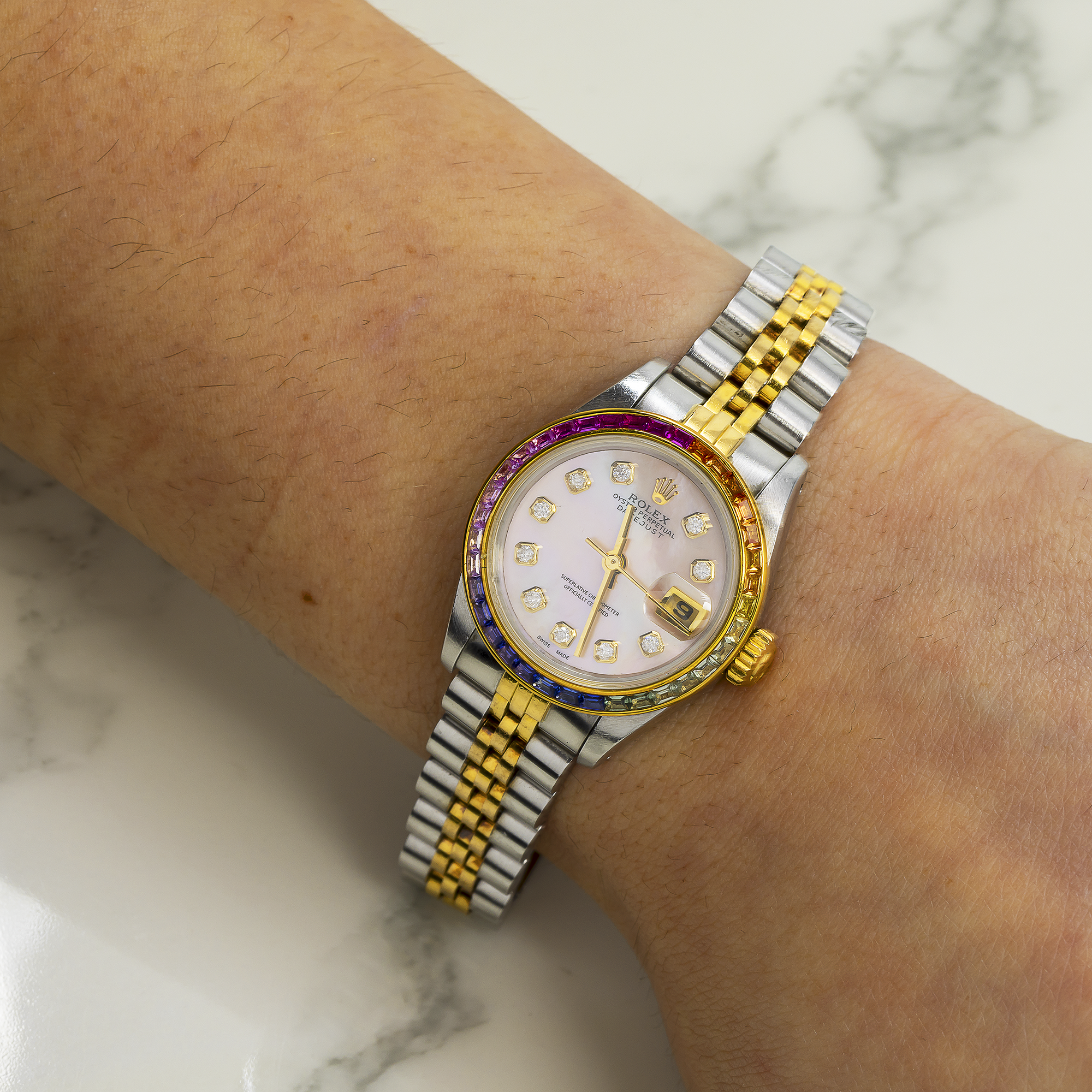 Rolex Datejust 26MM 6917 Pink Mother of Pearl Diamond Dial Rainbow Gemstone Bezel Two Tone Yellow Gold Jubilee Bracelet 0.2ct