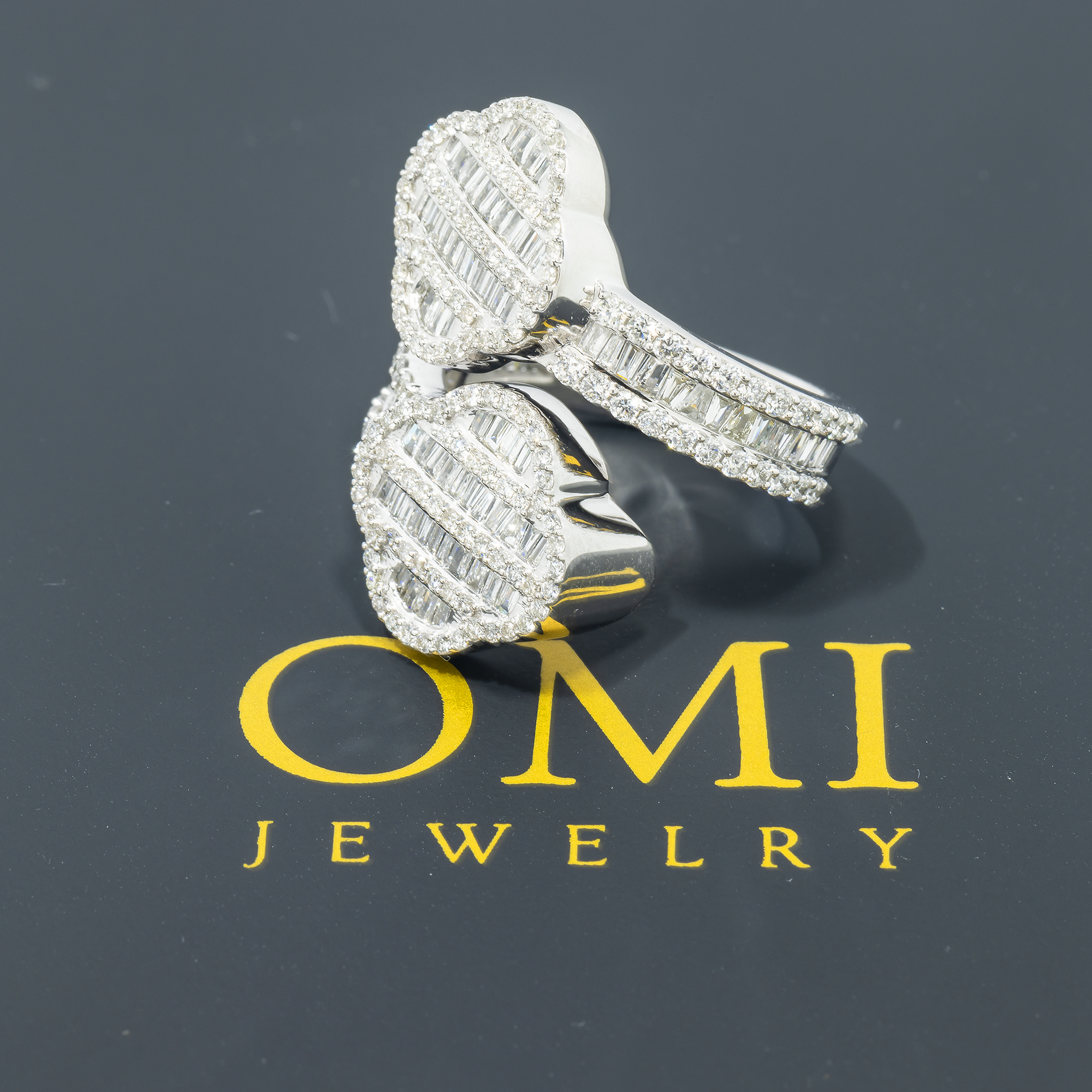 14K GOLD BAGUETTE AND ROUND DIAMOND DOUBLE CLOVER BYPASS RING 1.79 CT