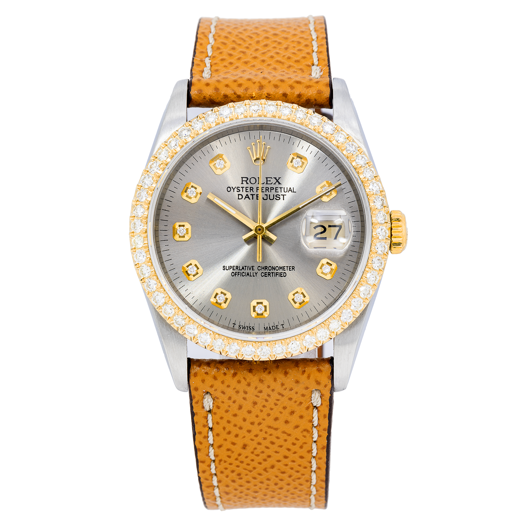 Rolex Datejust 36MM 16233 Silver Diamond Dial Diamond Bezel Brown Leather Strap