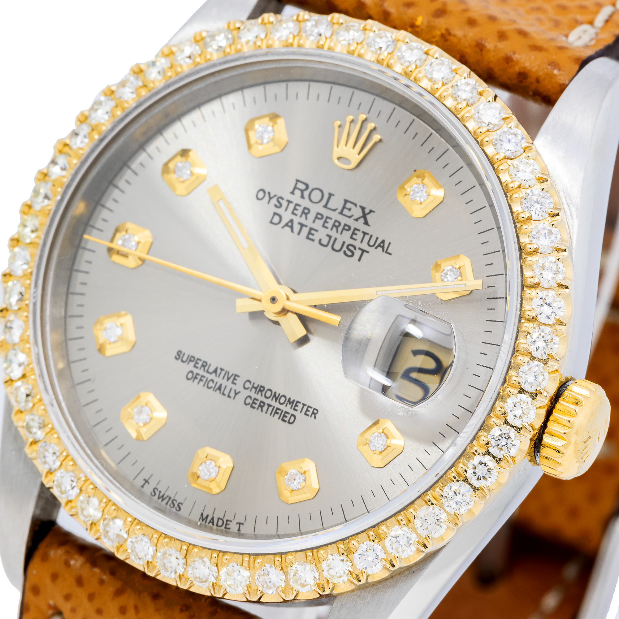 Rolex Datejust 36MM 16233 Silver Diamond Dial Diamond Bezel Brown Leather Strap