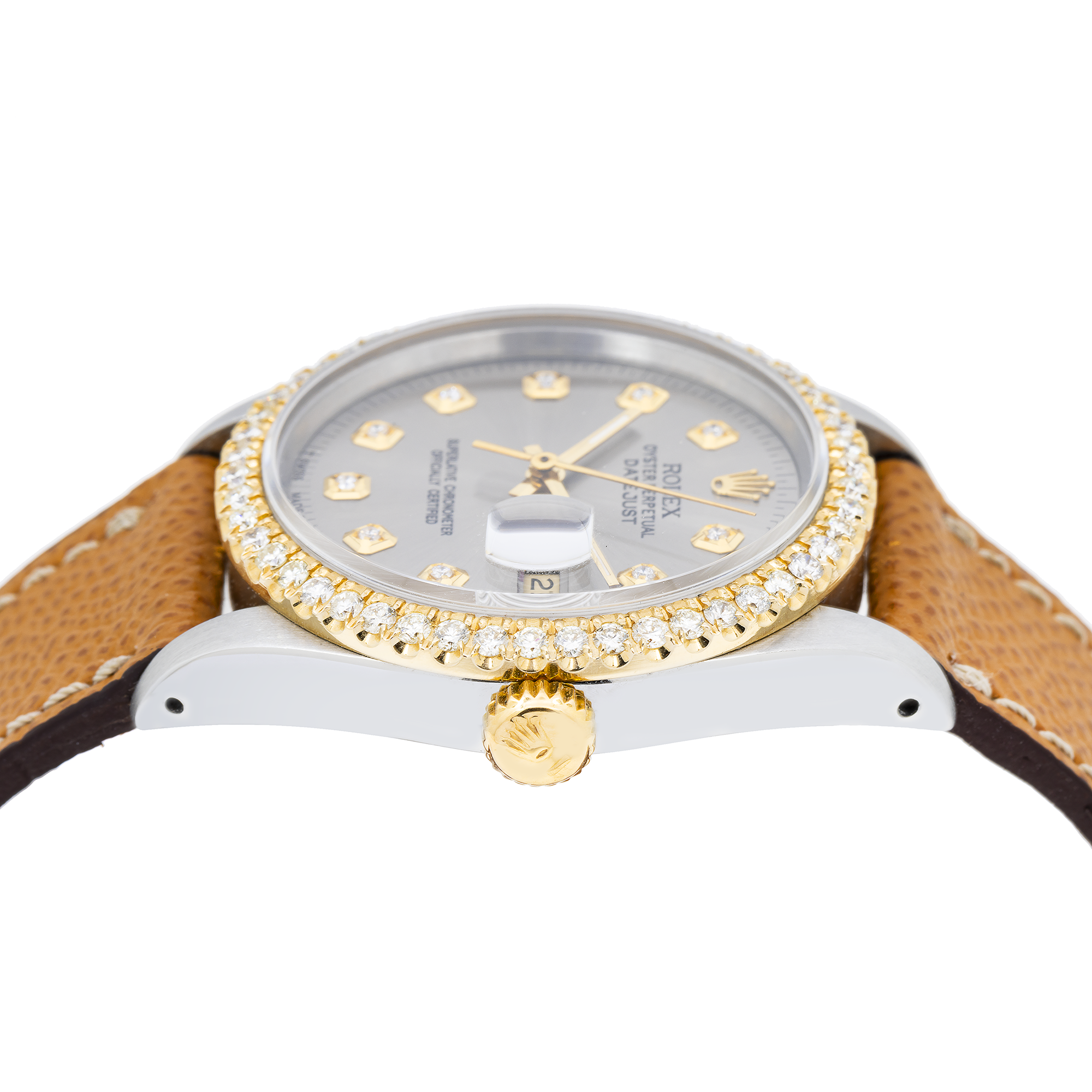 Rolex Datejust 36MM 16233 Silver Diamond Dial Diamond Bezel Brown Leather Strap