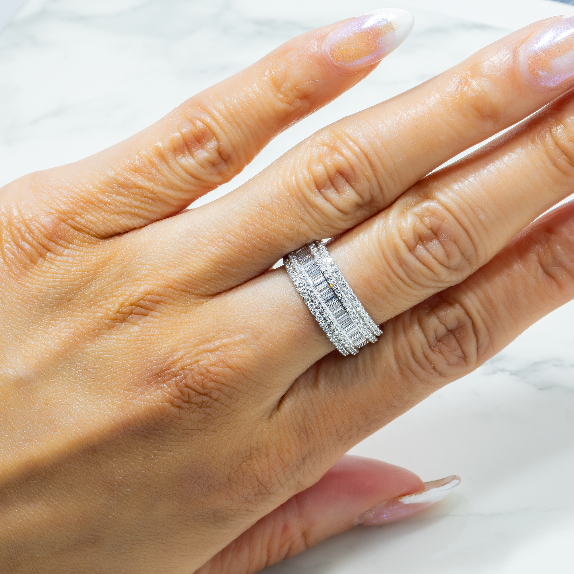 14K GOLD BAGUETTE AND ROUND DIAMOND MULTIROW RING 1.36 CT
