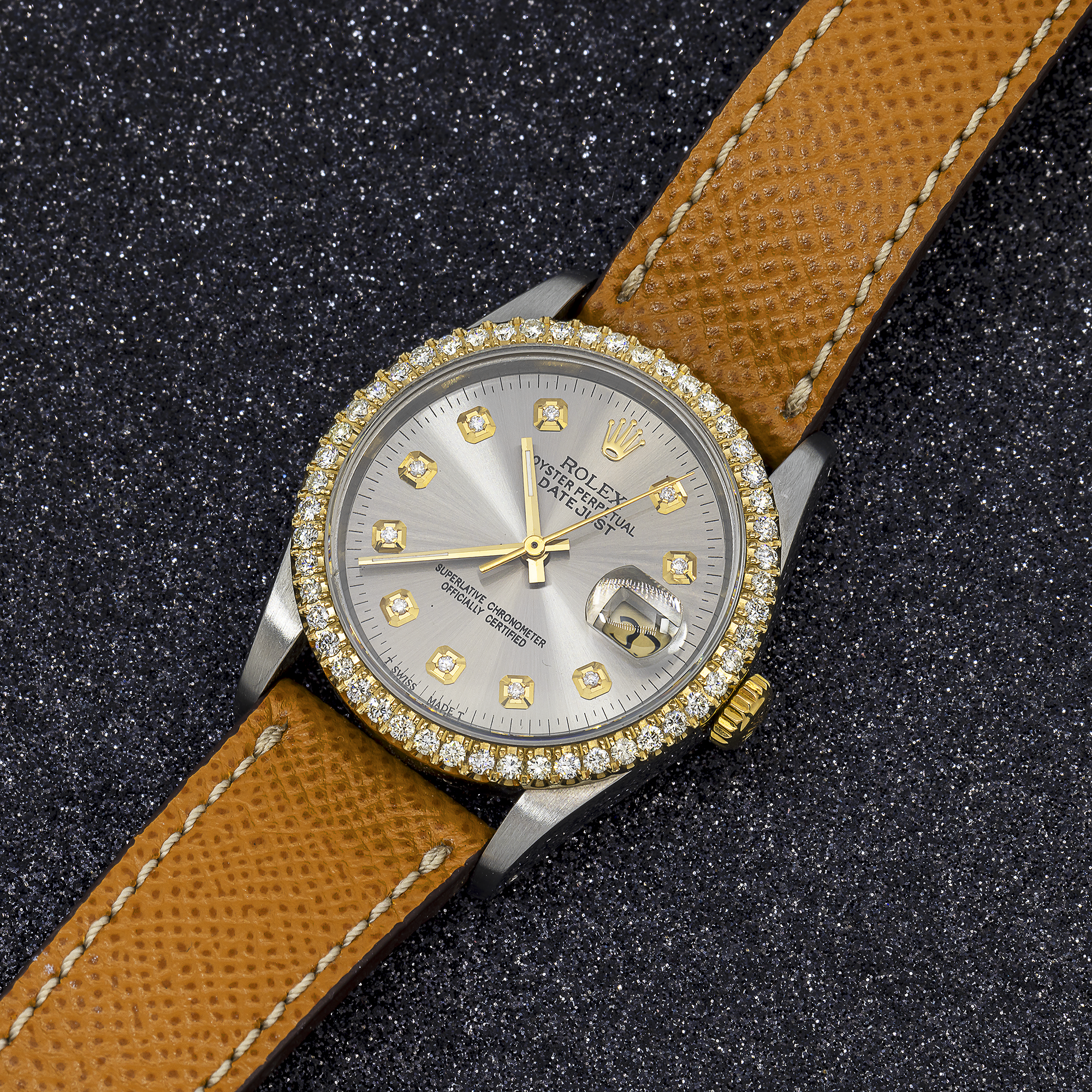 Rolex Datejust 36MM 16233 Silver Diamond Dial Diamond Bezel Brown Leather Strap