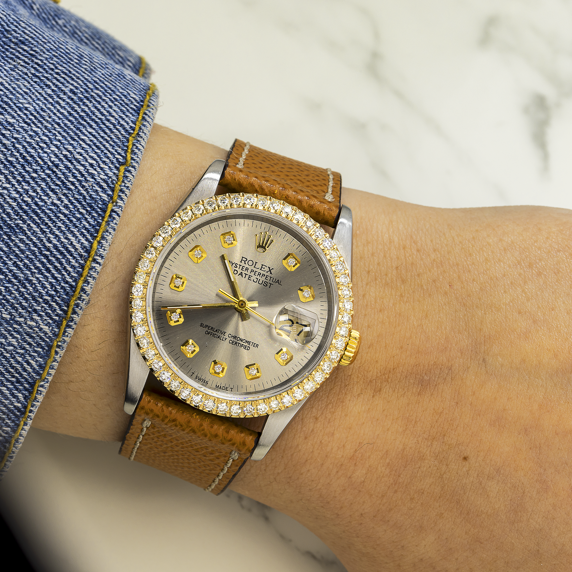 Rolex Datejust 36MM 16233 Silver Diamond Dial Diamond Bezel Brown Leather Strap