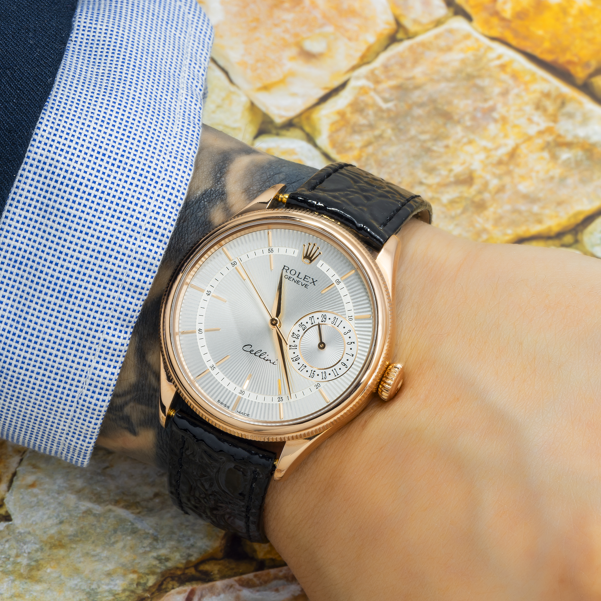 Rolex Oyster Perpetual 39MM 50515 Silver Dial Smooth Bezel Black Alligator Leather Strap