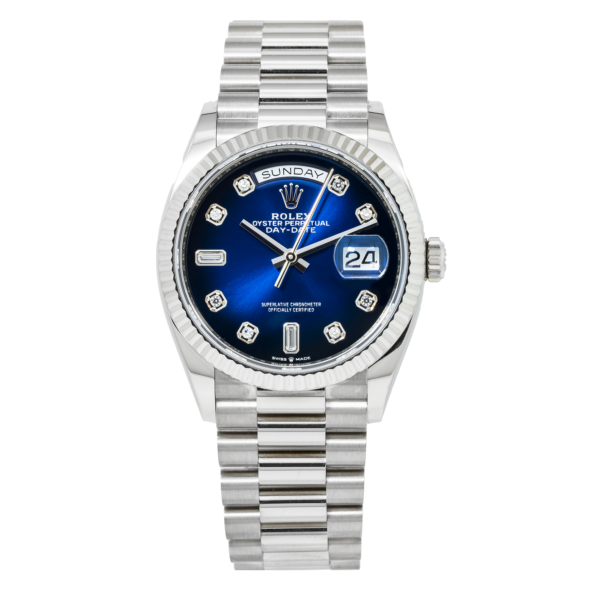 Rolex Day-Date 36MM 128239 Blue Diamond Dial White Gold Fluted Bezel 18K White Gold President Bracelet