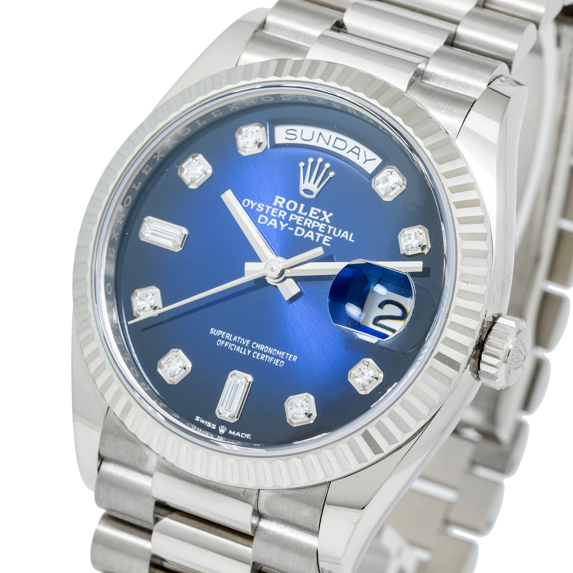 Rolex Day-Date 36MM 128239 Blue Diamond Dial Fluted Bezel 18K White Gold President Bracelet