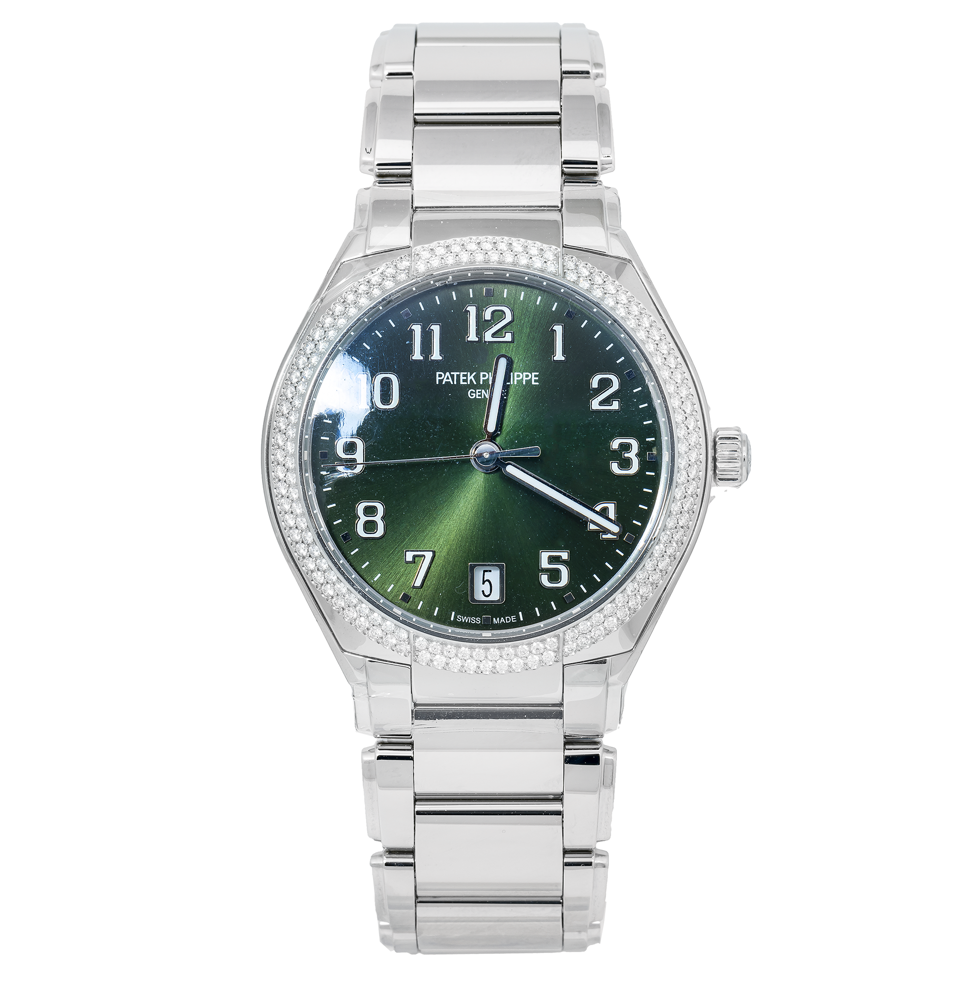 Patek Philippe Twenty~4 36MM 7300/1200A-011 Green Arabic Dial Diamond Paved Bezel Stainless Steel Bracelet