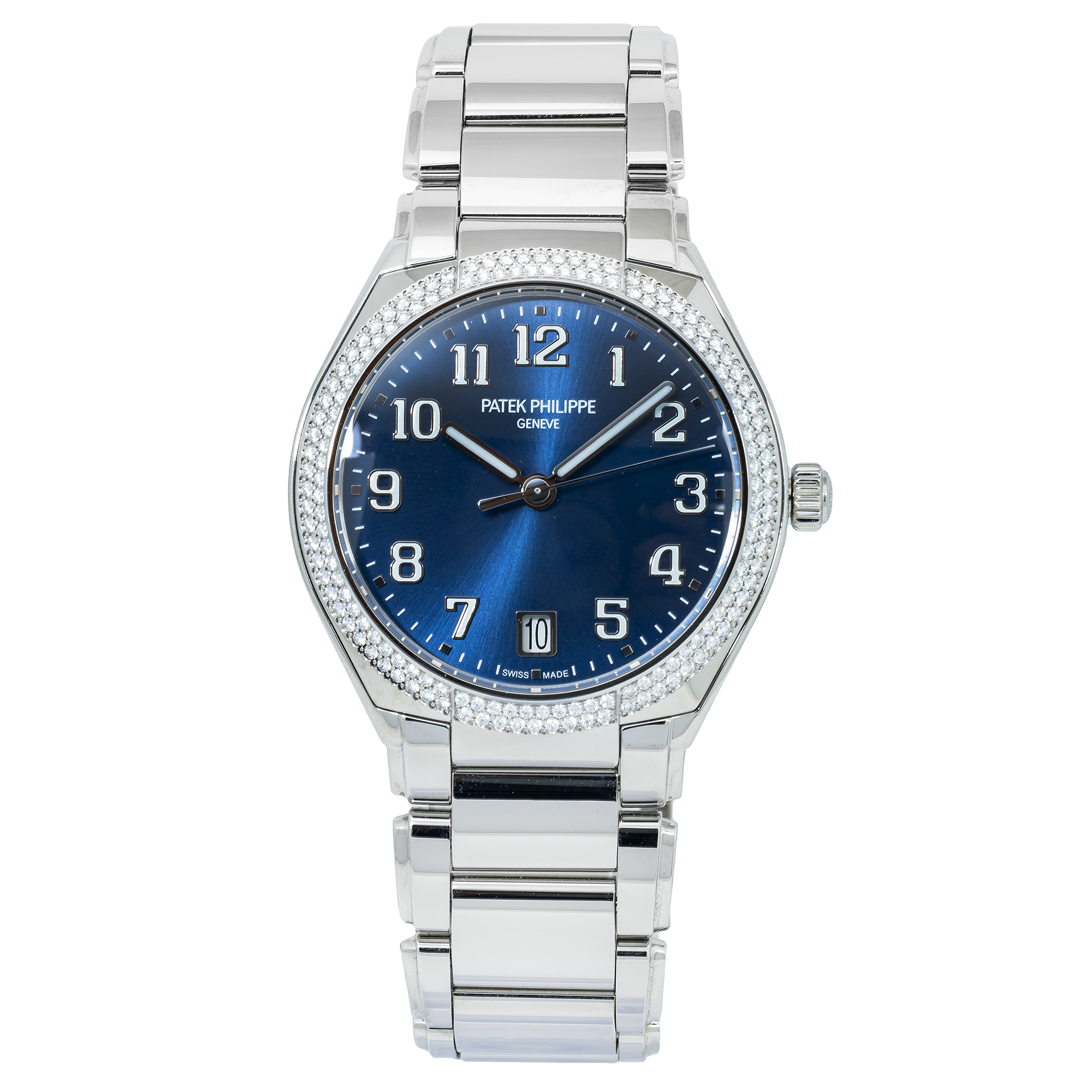Patek Philippe Twenty~4 36MM 7300/1200A-001 Blue Arabic Dial Diamond Paved Bezel Stainless Steel Bracelet