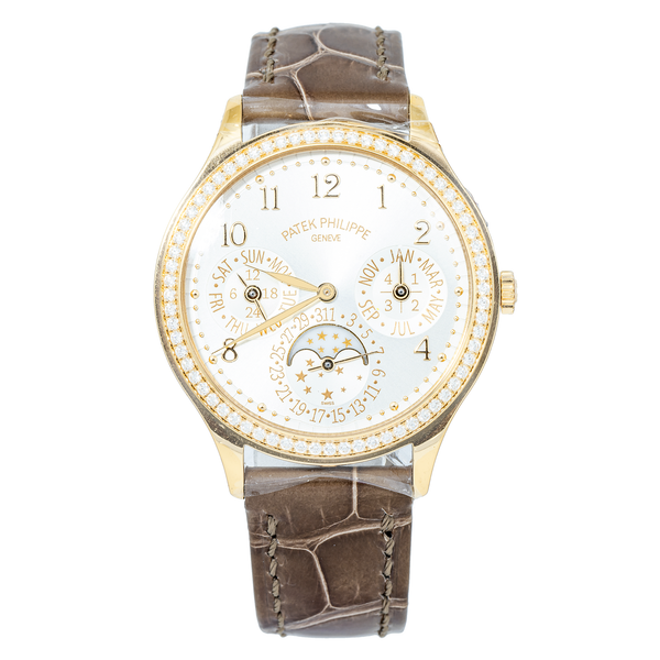 PATEK PHILIPPE GRAND COMPLICATIONS LADIES FIRST PERPETUAL CALENDAR YELLOW GOLD SILVER DIAL DIAMOND BEZEL 7140R-001/132