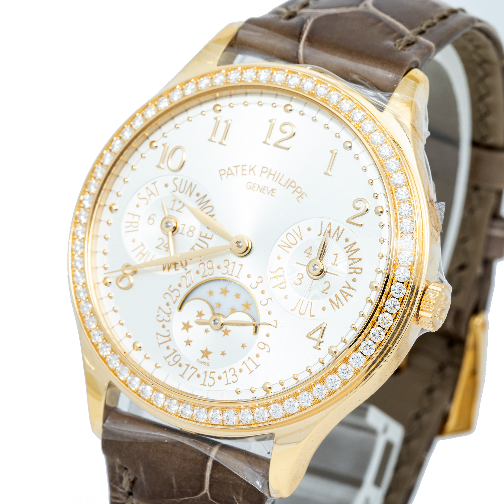 Patek Philippe Grand Complications 35.1MM 7140R-001 Silver Arabic Dial Diamond Bezel Brown Alligator Leather Strap