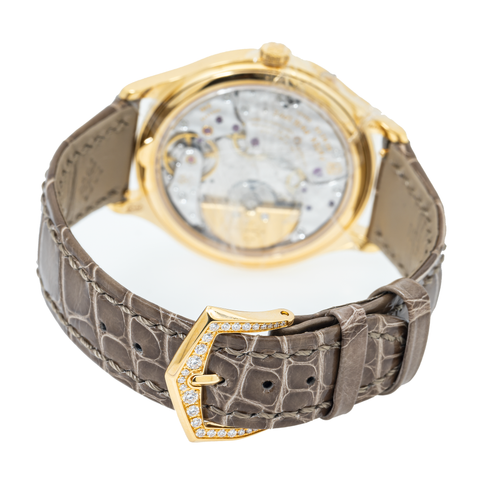 PATEK PHILIPPE GRAND COMPLICATIONS LADIES FIRST PERPETUAL CALENDAR YELLOW GOLD SILVER DIAL DIAMOND BEZEL 7140R-001/132