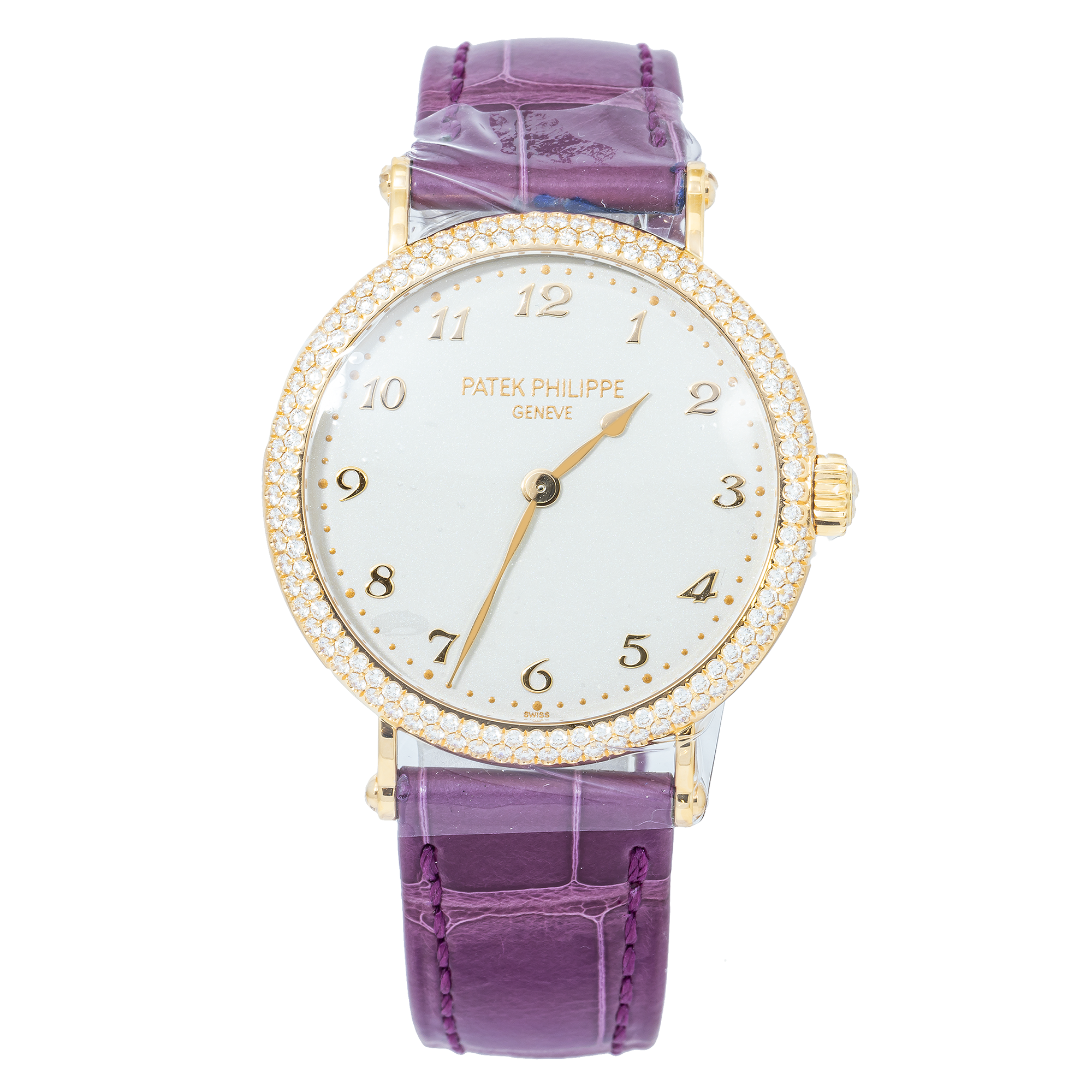 Patek Philippe Calatrava 34.6MM 7200/200R-001 Silver Dial Diamond Bezel Purple Alligator Leather Strap
