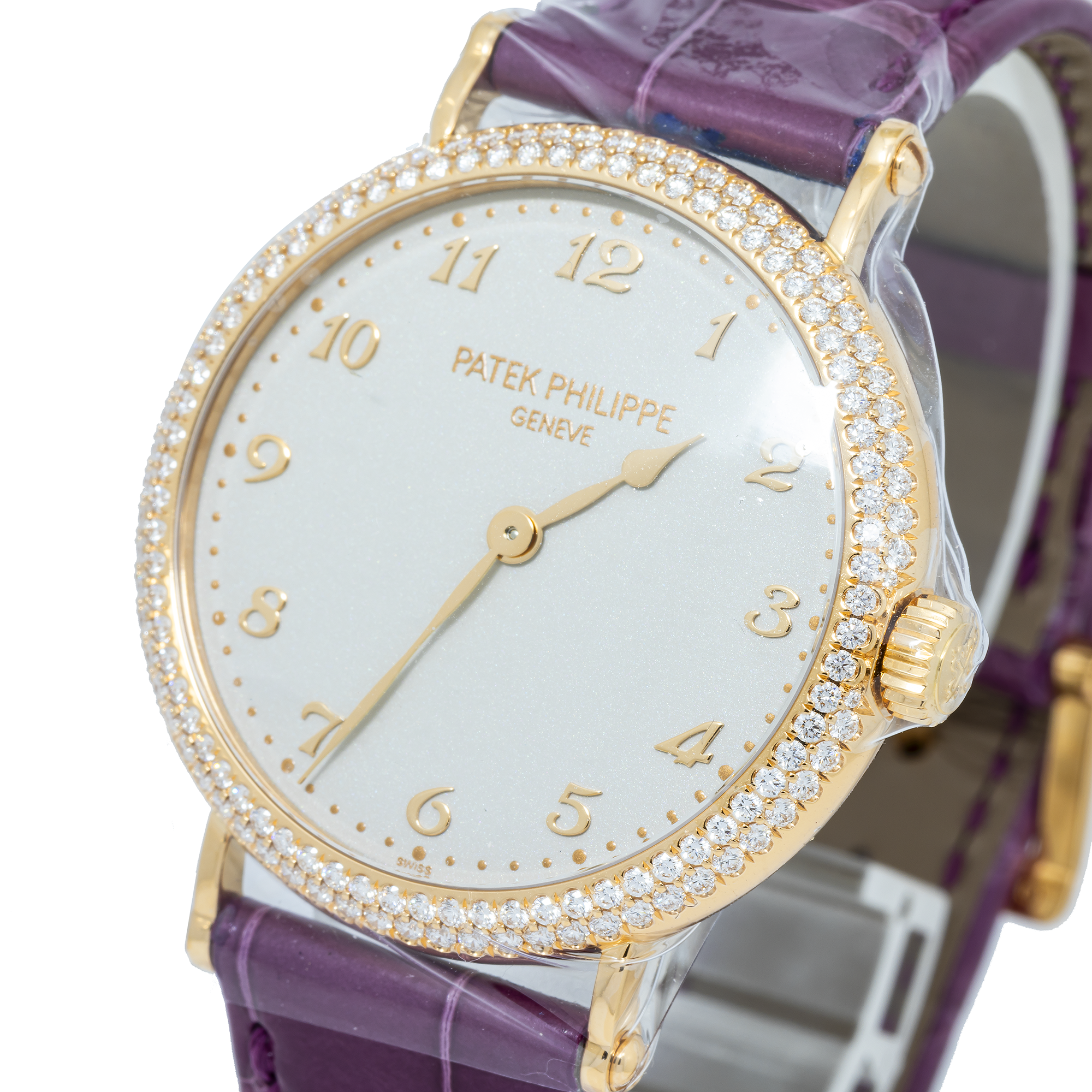 Patek Philippe Calatrava 34.6MM 7200/200R-001 Silver Dial Diamond Bezel Purple Alligator Leather Strap