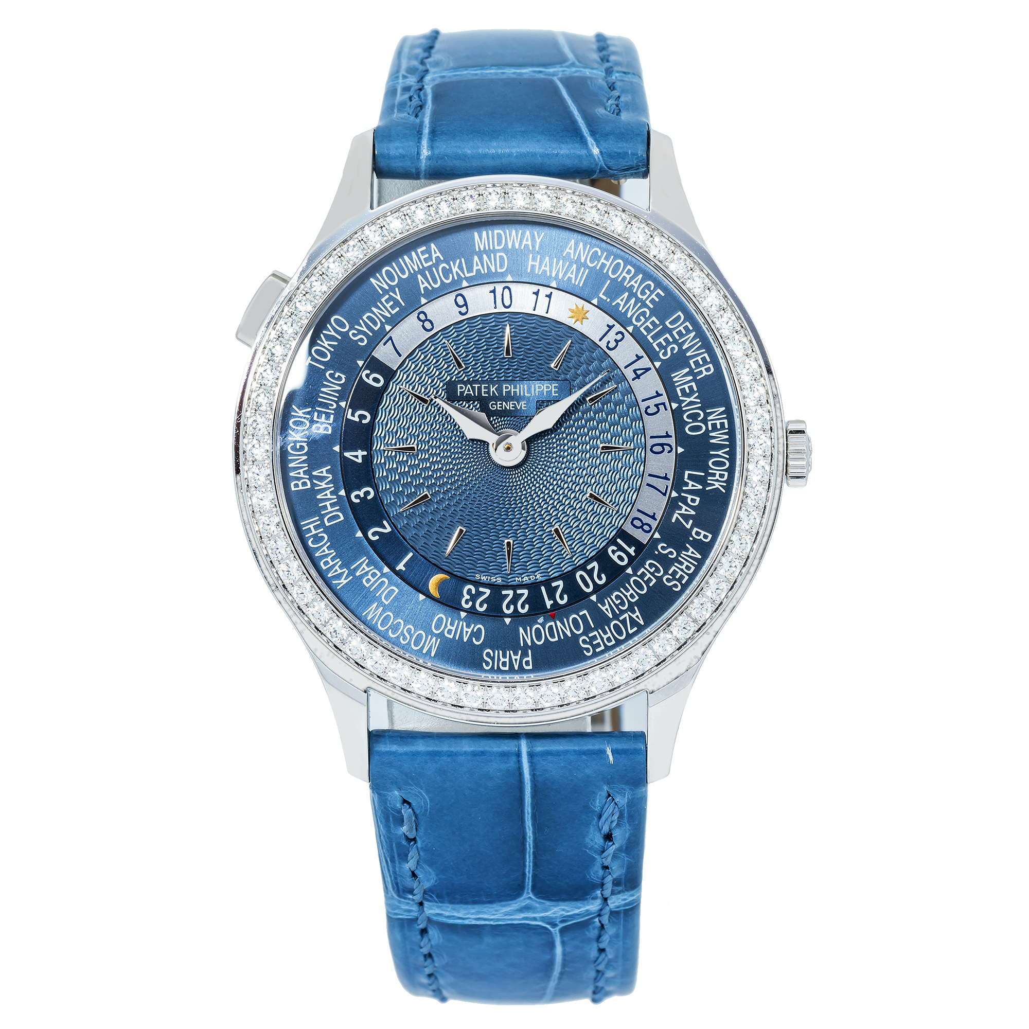 Patek Philippe World Time 36MM 7130G-016 Blue Dial Diamond Bezel Blue Alligator Leather Strap
