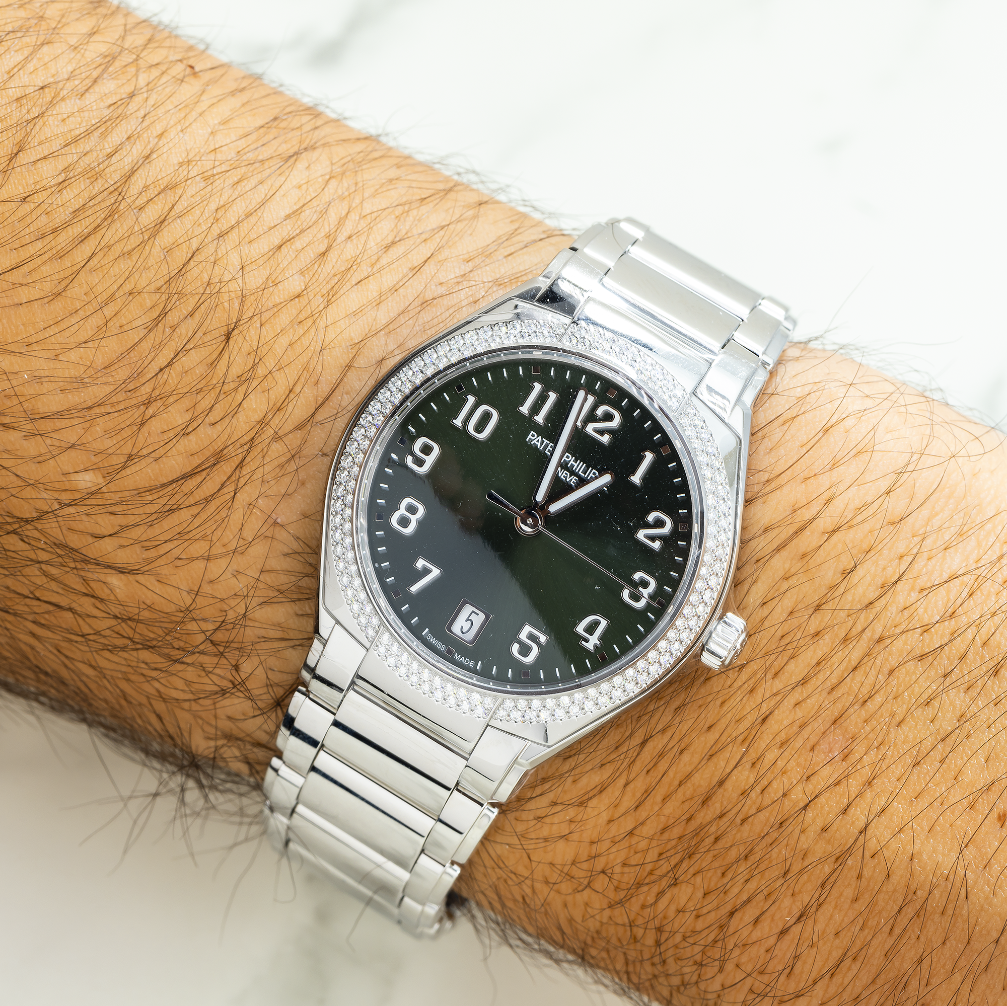 Patek Philippe Twenty~4 36MM 7300/1200A-011 Green Arabic Dial Diamond Paved Bezel Stainless Steel Bracelet