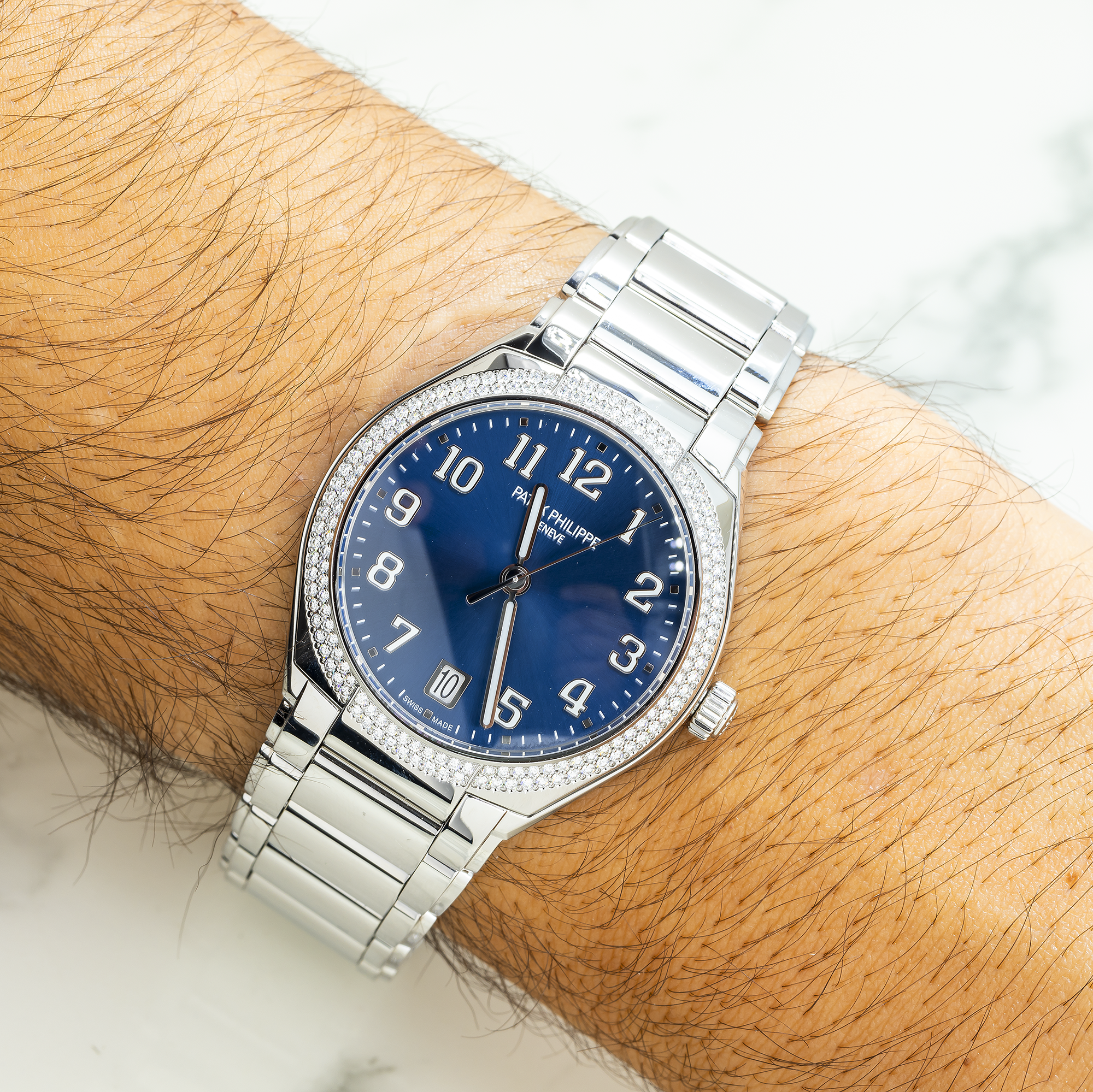 Patek Philippe Twenty~4 36MM 7300/1200A-001 Blue Arabic Dial Diamond Paved Bezel Stainless Steel Bracelet