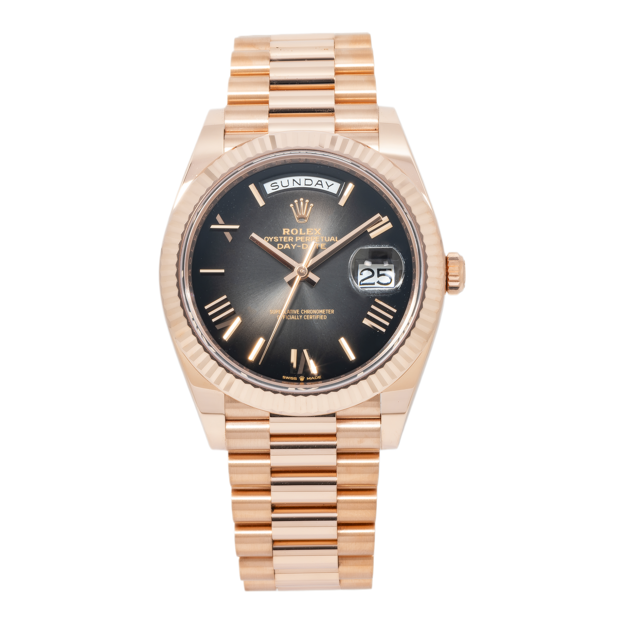Rolex Day-Date 40MM 228235 Black Roman Dial Rose Gold Fluted Bezel 18K Rose Gold President Bracelet