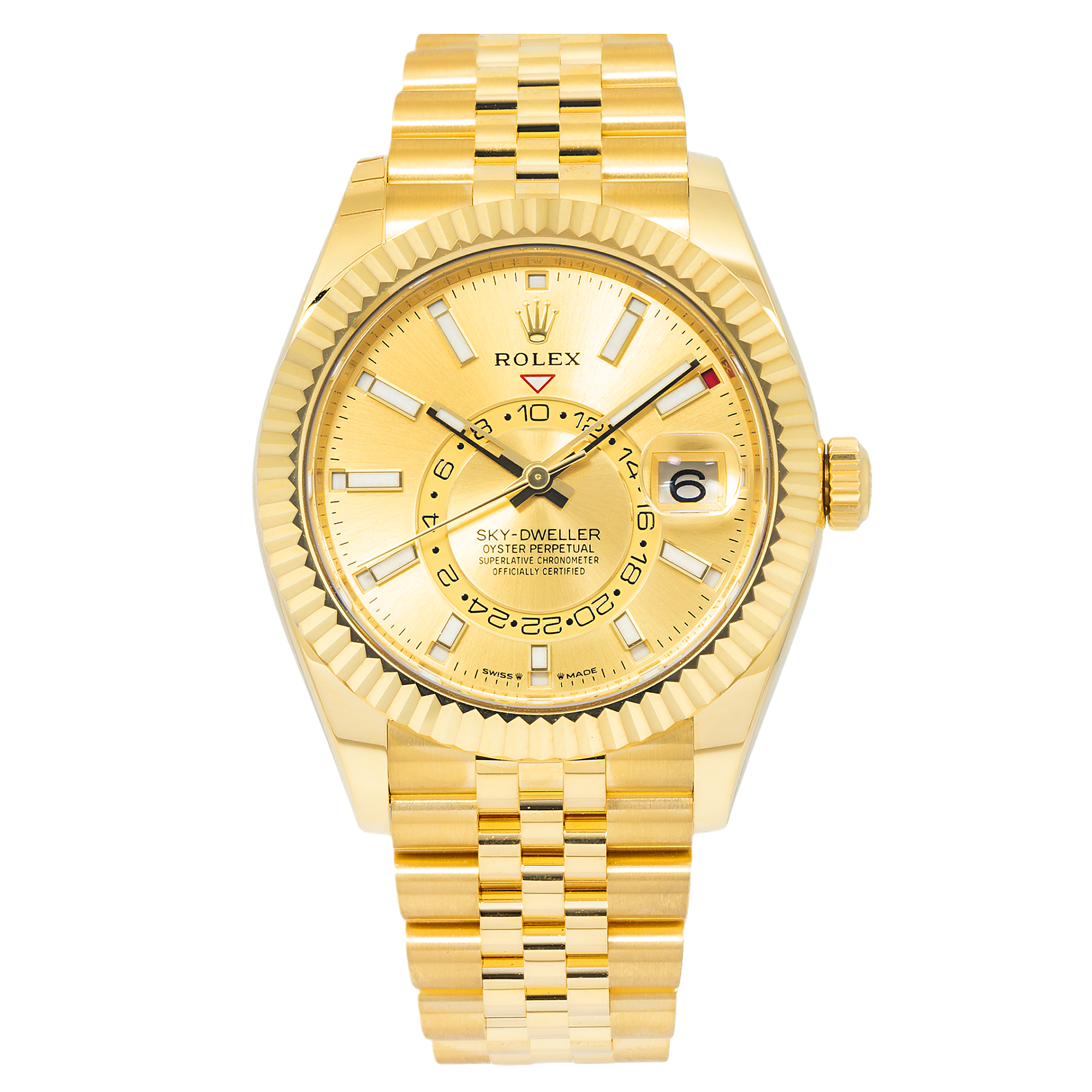 Rolex Sky-Dweller 42MM 336938 Champagne Dial Yellow Gold Fluted Bezel Yellow Gold Jubilee Bracelet