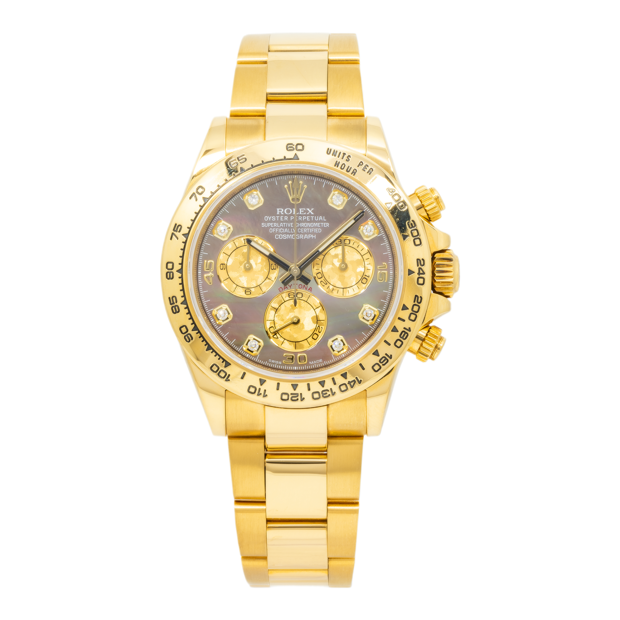 Rolex Cosmograph Daytona 40MM 116508 Black Mother of Pearl Diamond Dial 18K Yellow Gold Bezel Yellow Gold Oyster Bracelet