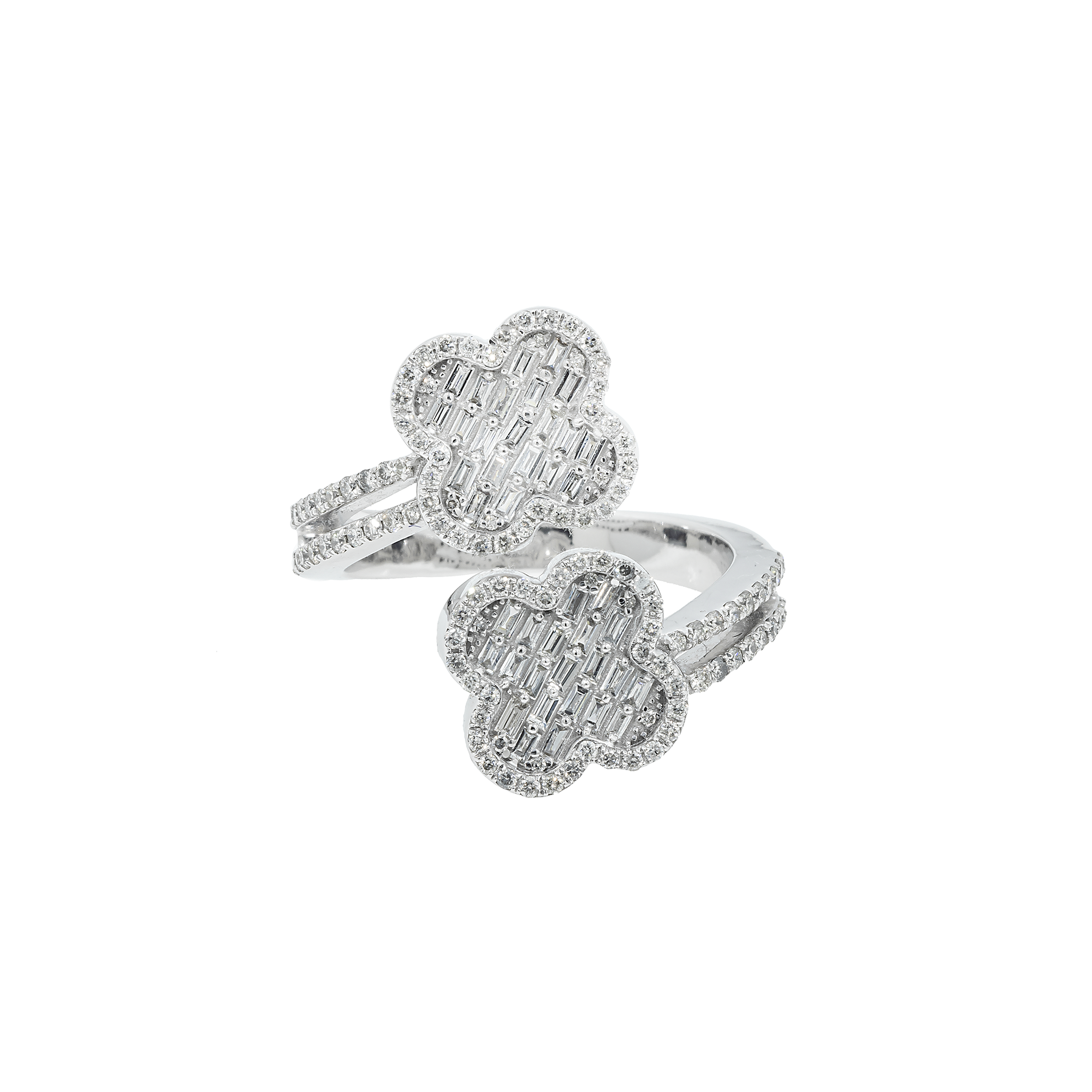 10K GOLD ROUND AND BAGUETTE DIAMOND CLOVER BYPASS RING 0.90 CT