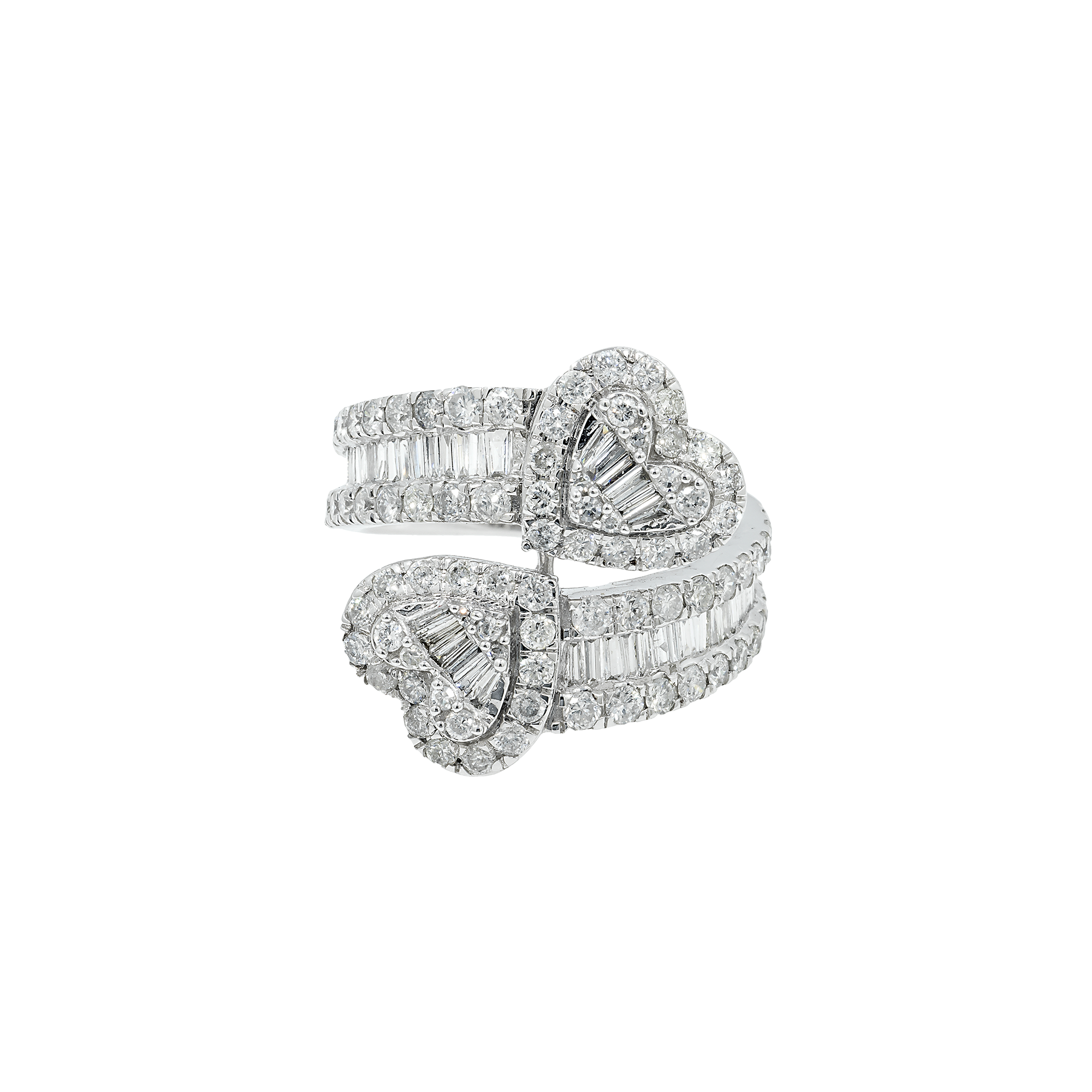 10K GOLD ROUND AND BAGUETTE DIAMOND HEART BYPASS RING 2.00 CT