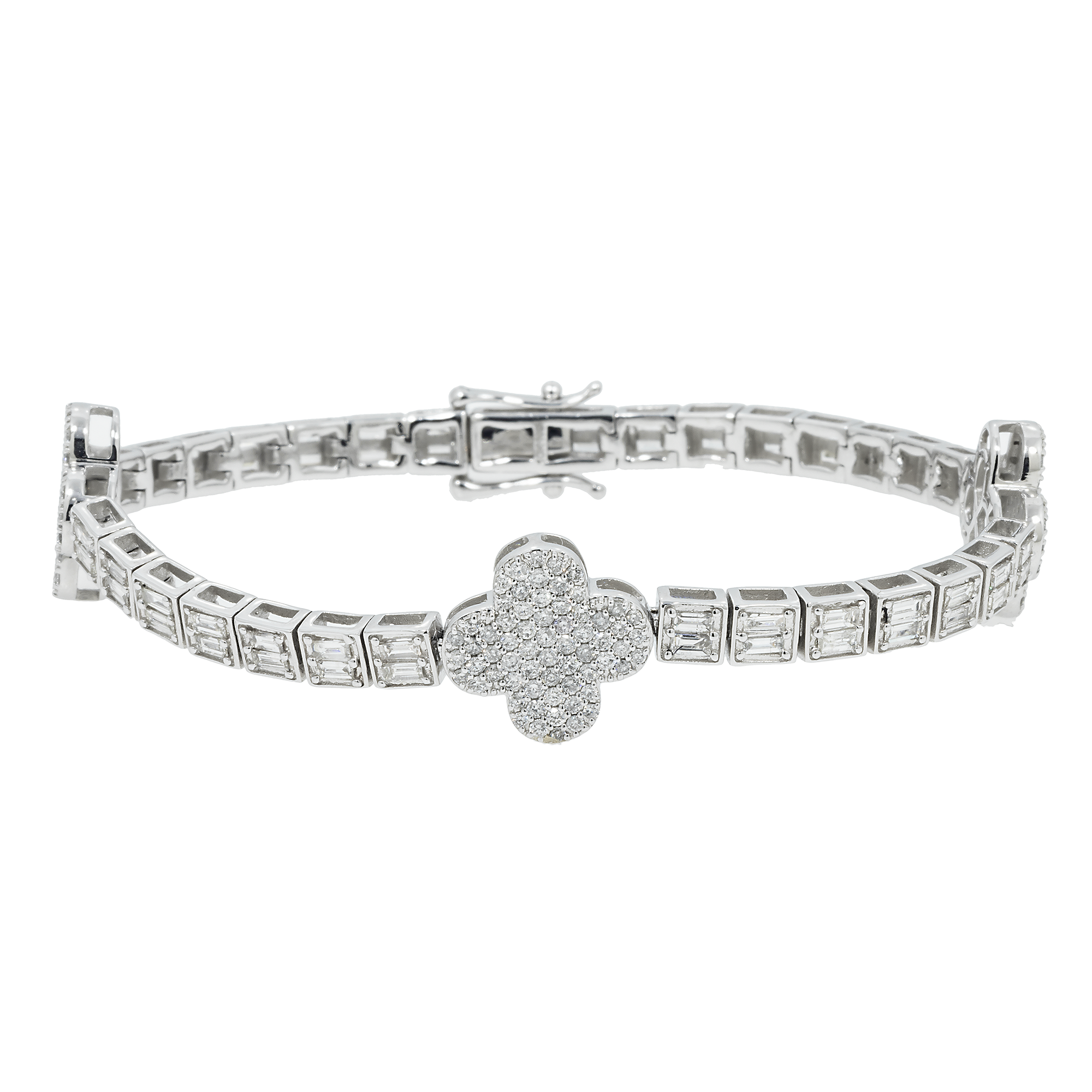 10K GOLD BAGUETTE & ROUND DIAMONDS CLOVER BRACELET 3.50 CT