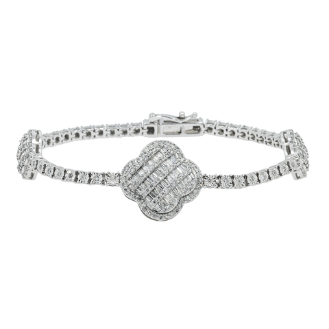 10K GOLD BAGUETTE & ROUND DIAMONDS CLOVER BRACELET 2.00 CT