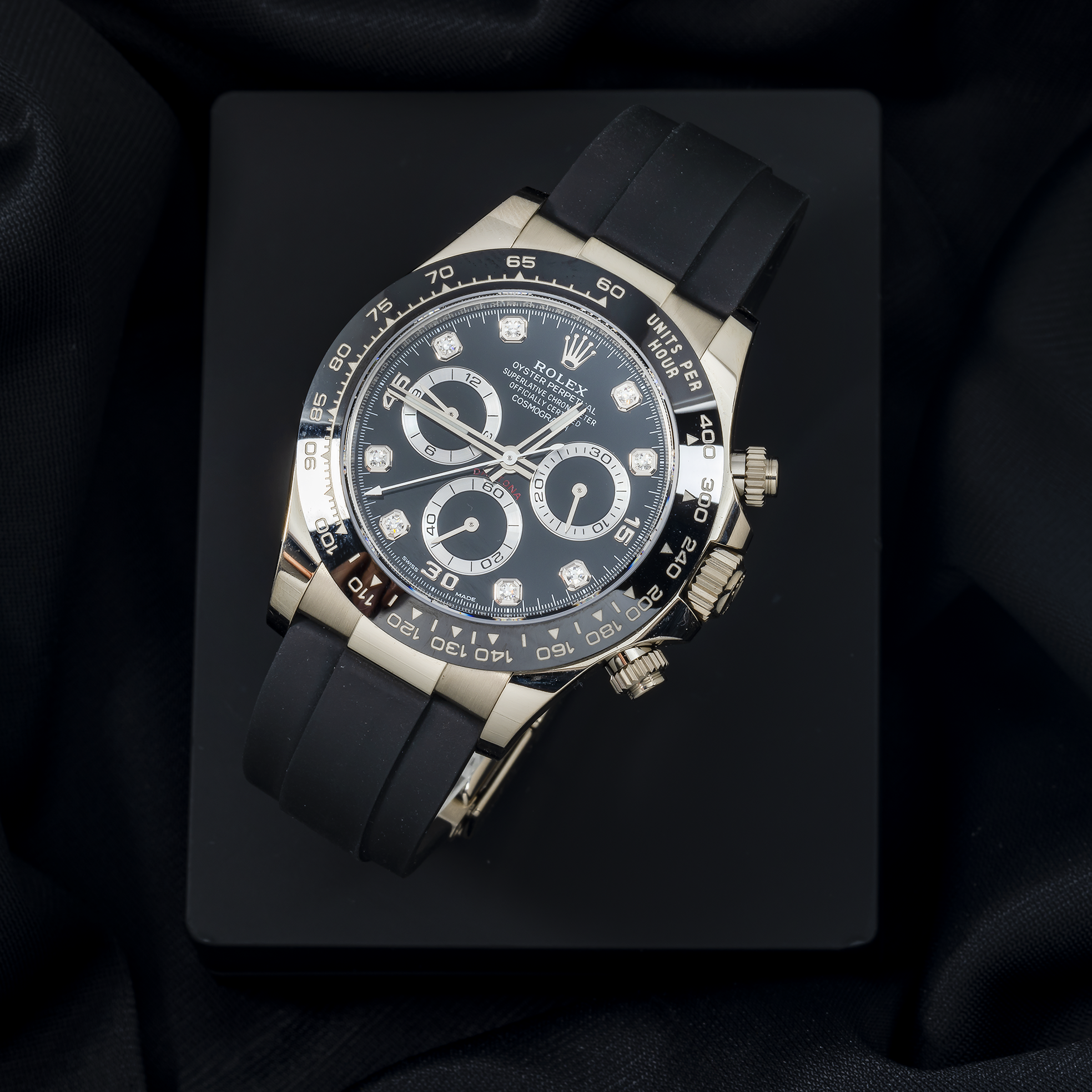 Rolex Cosmograph Daytona 40MM 116519LN Black Diamond Dial Black Ceramic Tachymeter Bezel Black Oysterflex Strap