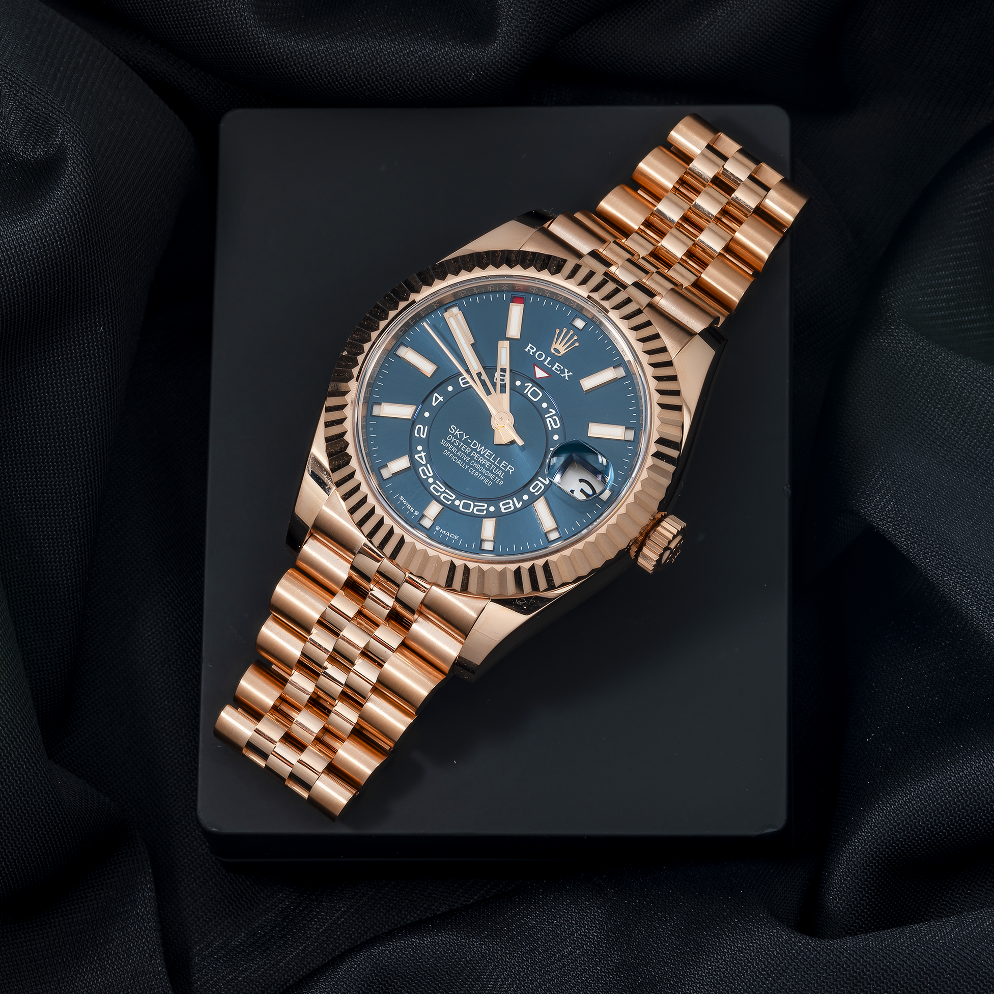 Rolex Sky-Dweller 42MM 336935 Blue Dial Fluted Bezel 18K Rose Gold Jubilee Bracelet