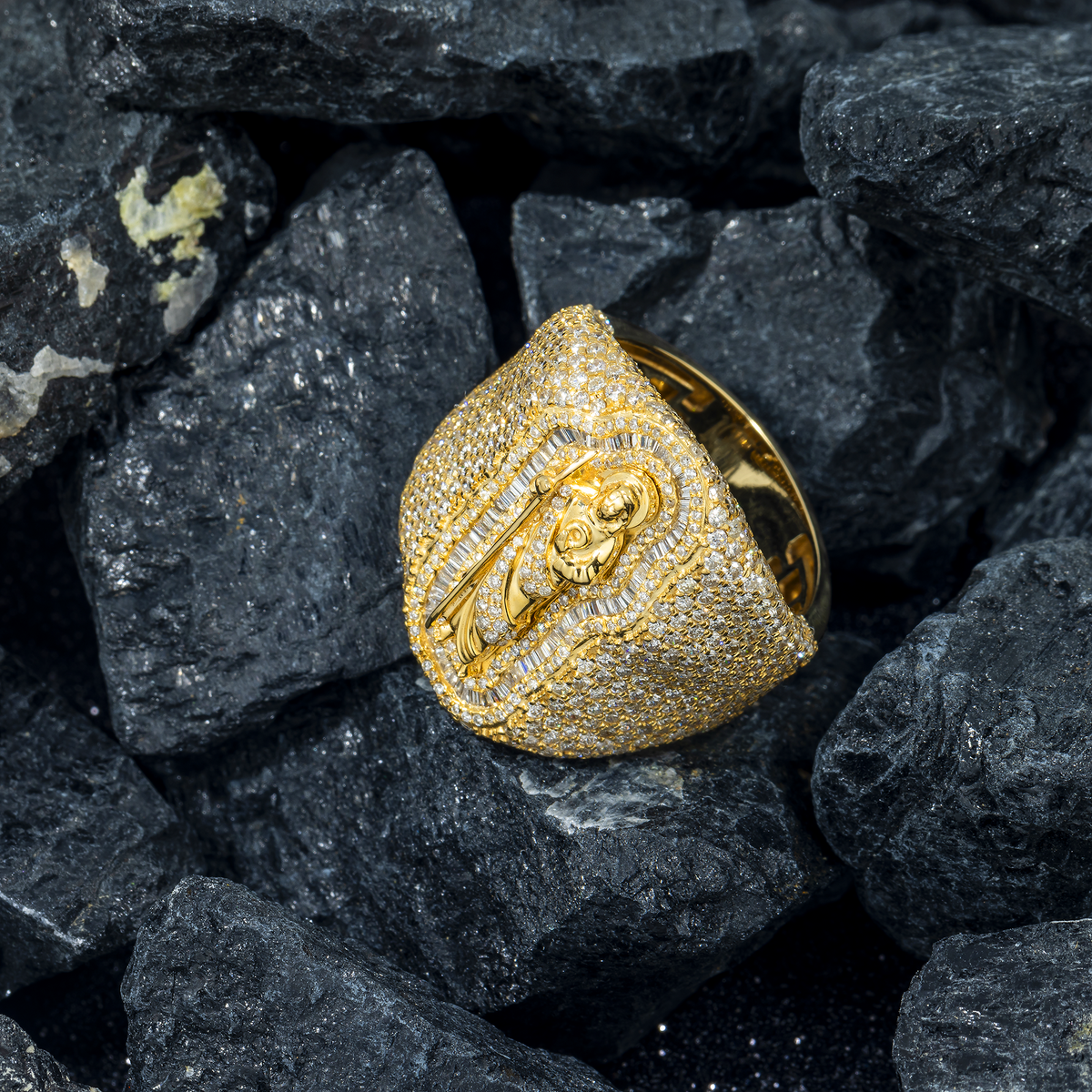 10K GOLD BAGUETTE AND ROUND DIAMOND JESUS RING 3.75 CT