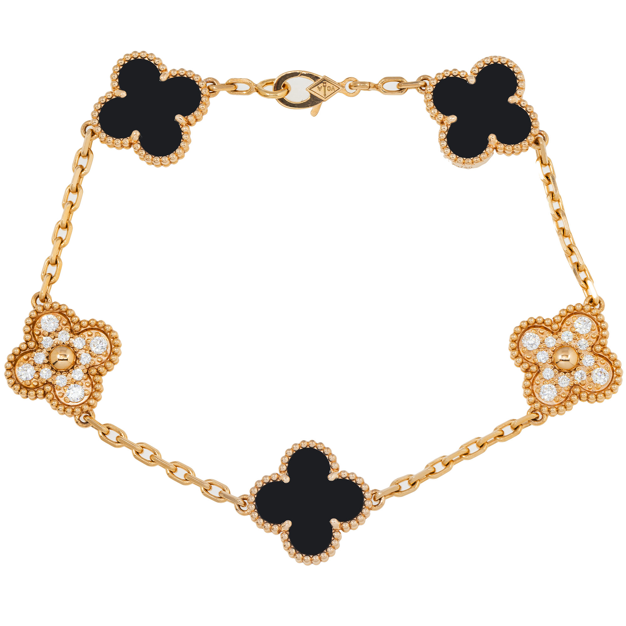 18K GOLD ROUND DIAMOND AND BLACK CLOVER CHAIN BRACELET 0.55 CT