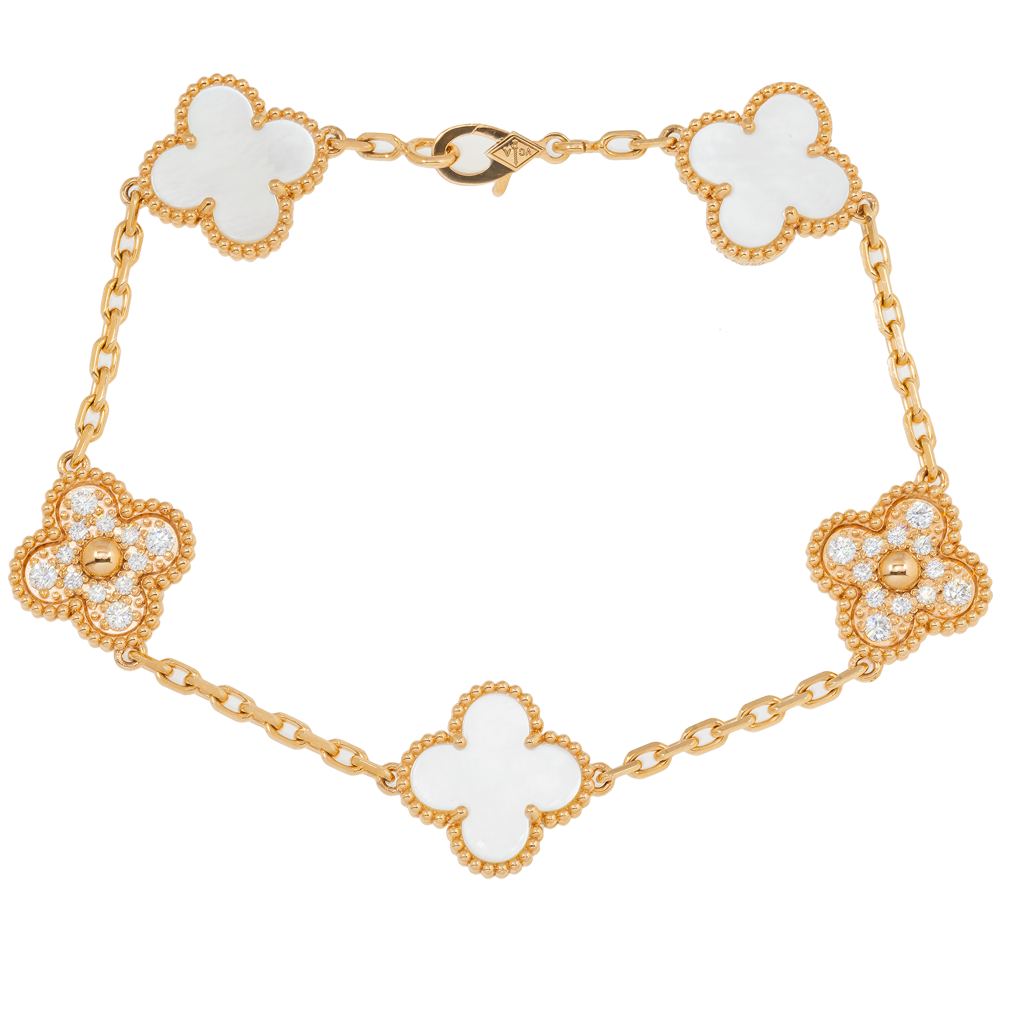 18K GOLD ROUND DIAMOND AND WHITE CLOVER CHAIN BRACELET 0.55 CT