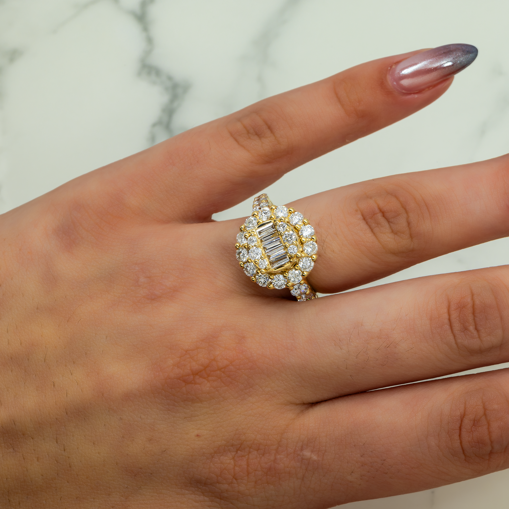 14K GOLD BAGUETTE & ROUND HALO DIAMOND ENGAGEMENT RING 2.85 CTW