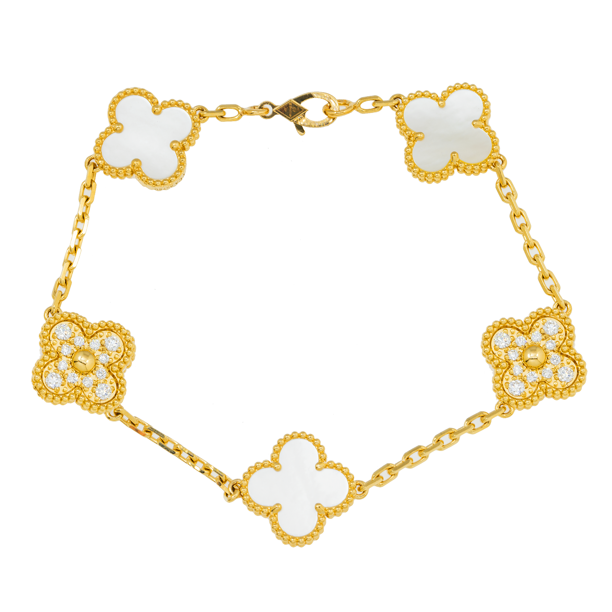 18K GOLD ROUND DIAMOND AND WHITE CLOVER CHAIN BRACELET 0.55 CT